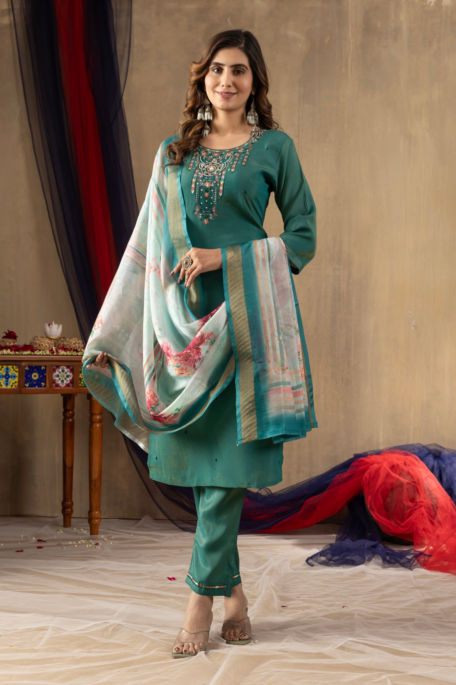 Lorenvalley Fashion Rama Shimmer Gold Silk Multi Embroidery Thread With Hand Work Kurta Pant Dupatta 