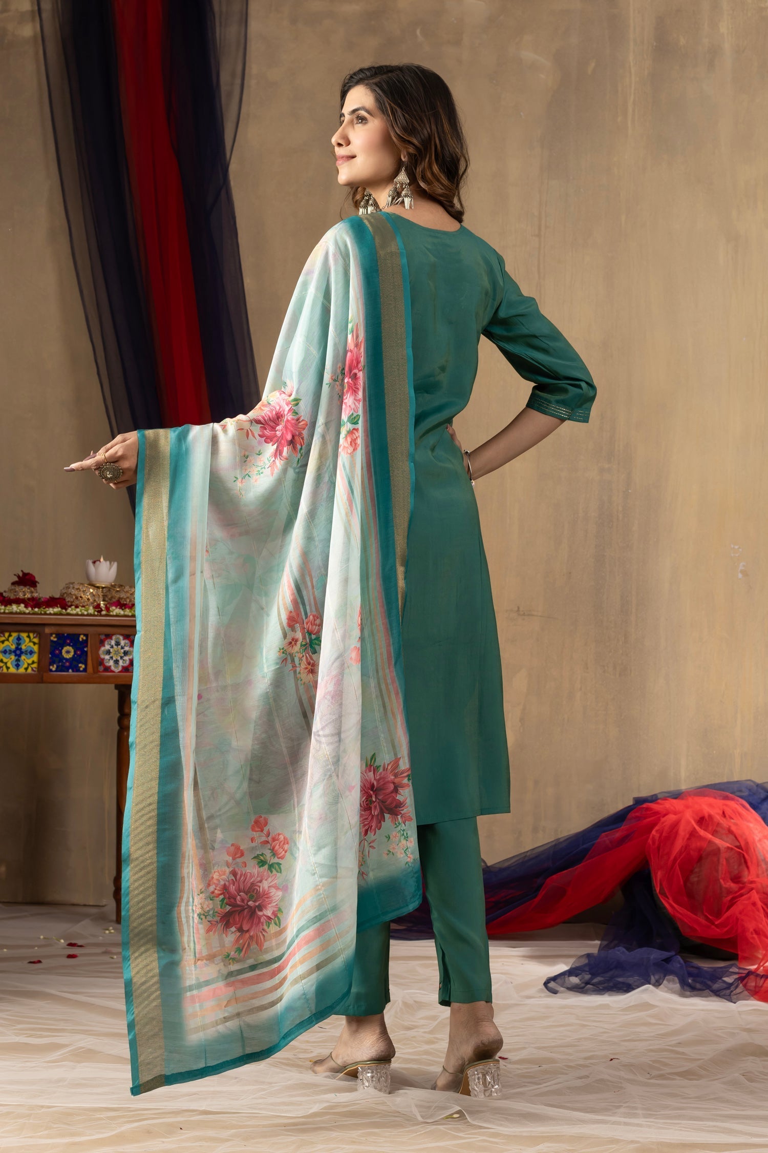 Lorenvalley Fashion Rama Shimmer Gold Silk Multi Embroidery Thread With Hand Work Kurta Pant Dupatta 