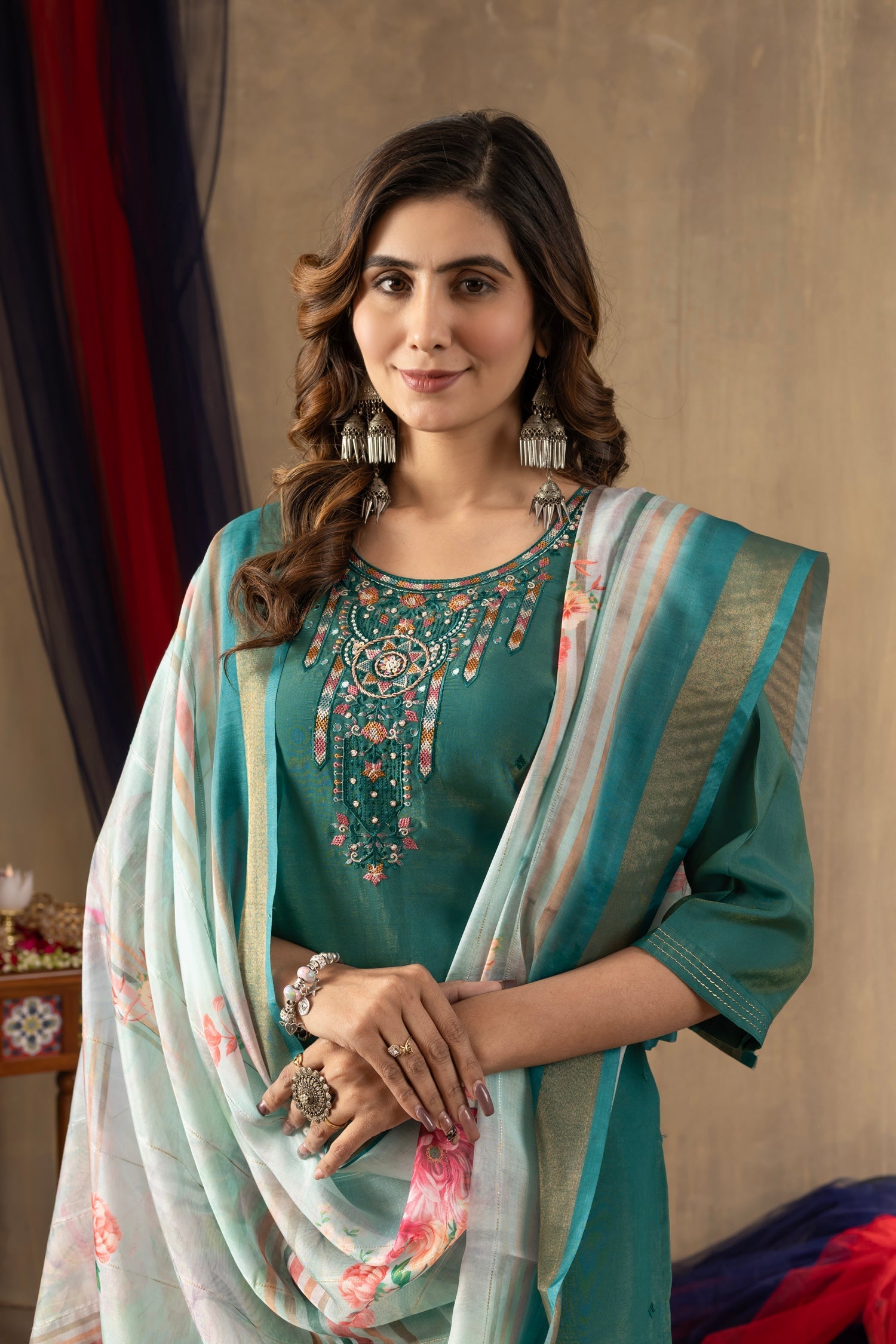 Lorenvalley Fashion Rama Shimmer Gold Silk Multi Embroidery Thread With Hand Work Kurta Pant Dupatta 
