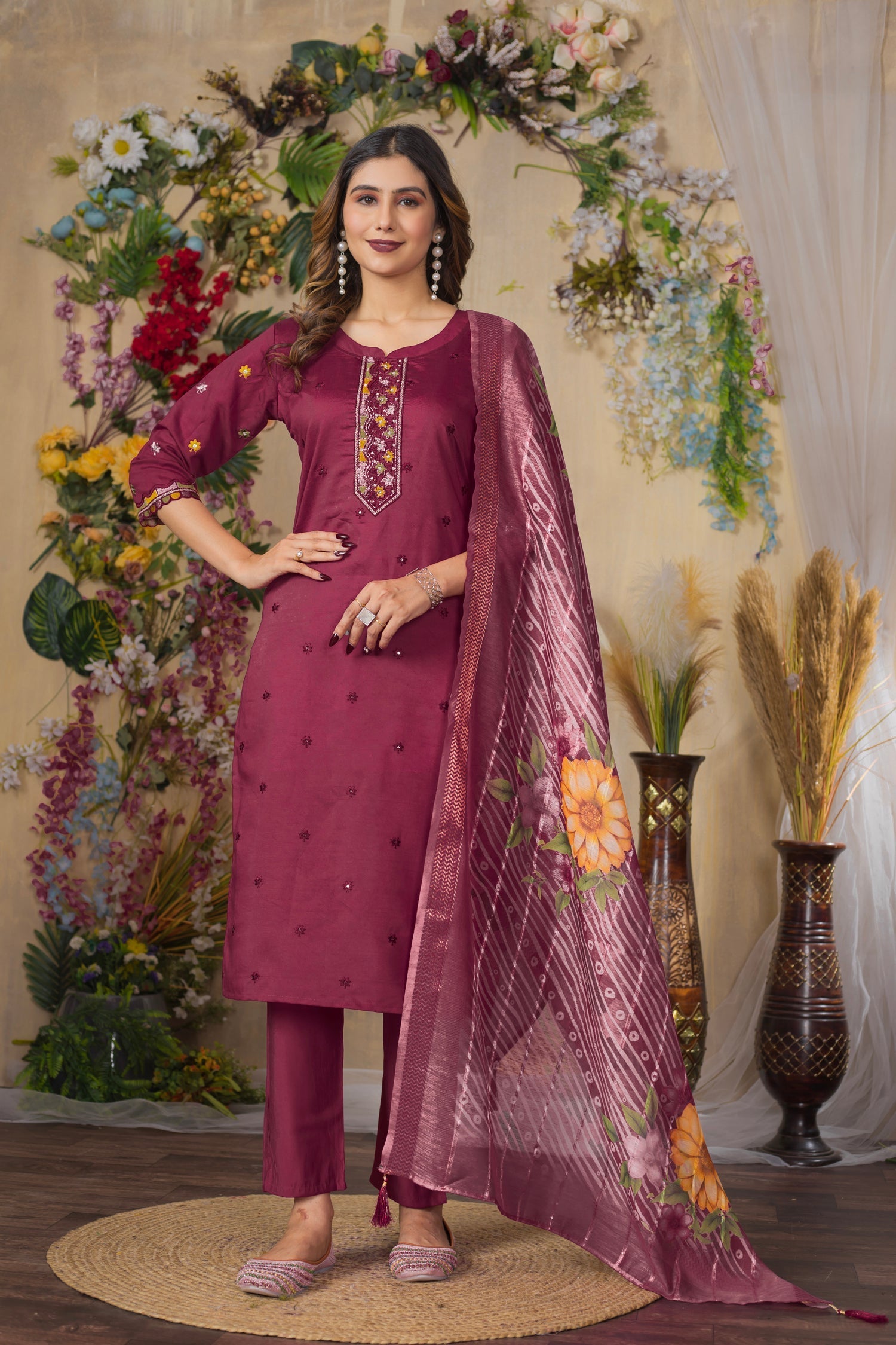 Lorenvalley Fashion Cerise Roman Silk Multi Embroidery Thread With Hand Work Kurta Pant Dupatta 