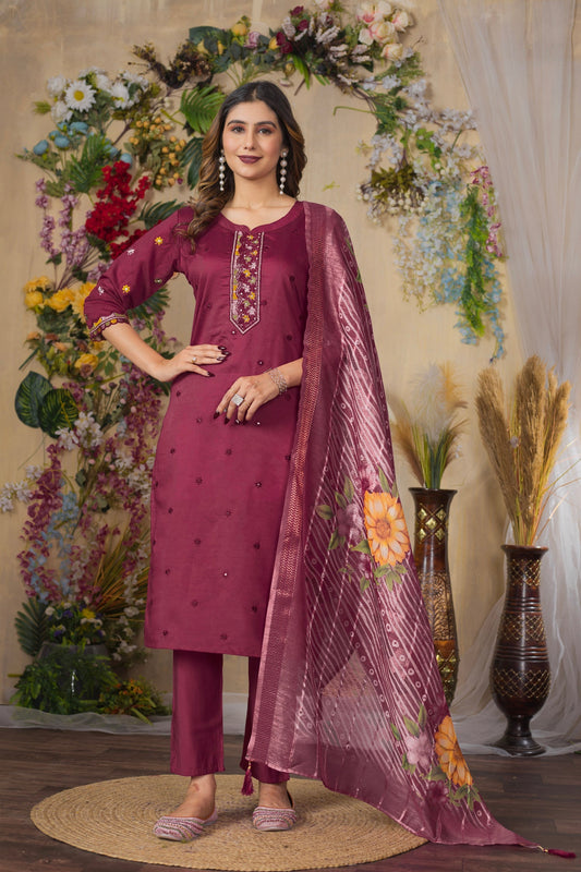 Lorenvalley Fashion Cerise Roman Silk Multi Embroidery Thread With Hand Work Kurta Pant Dupatta 