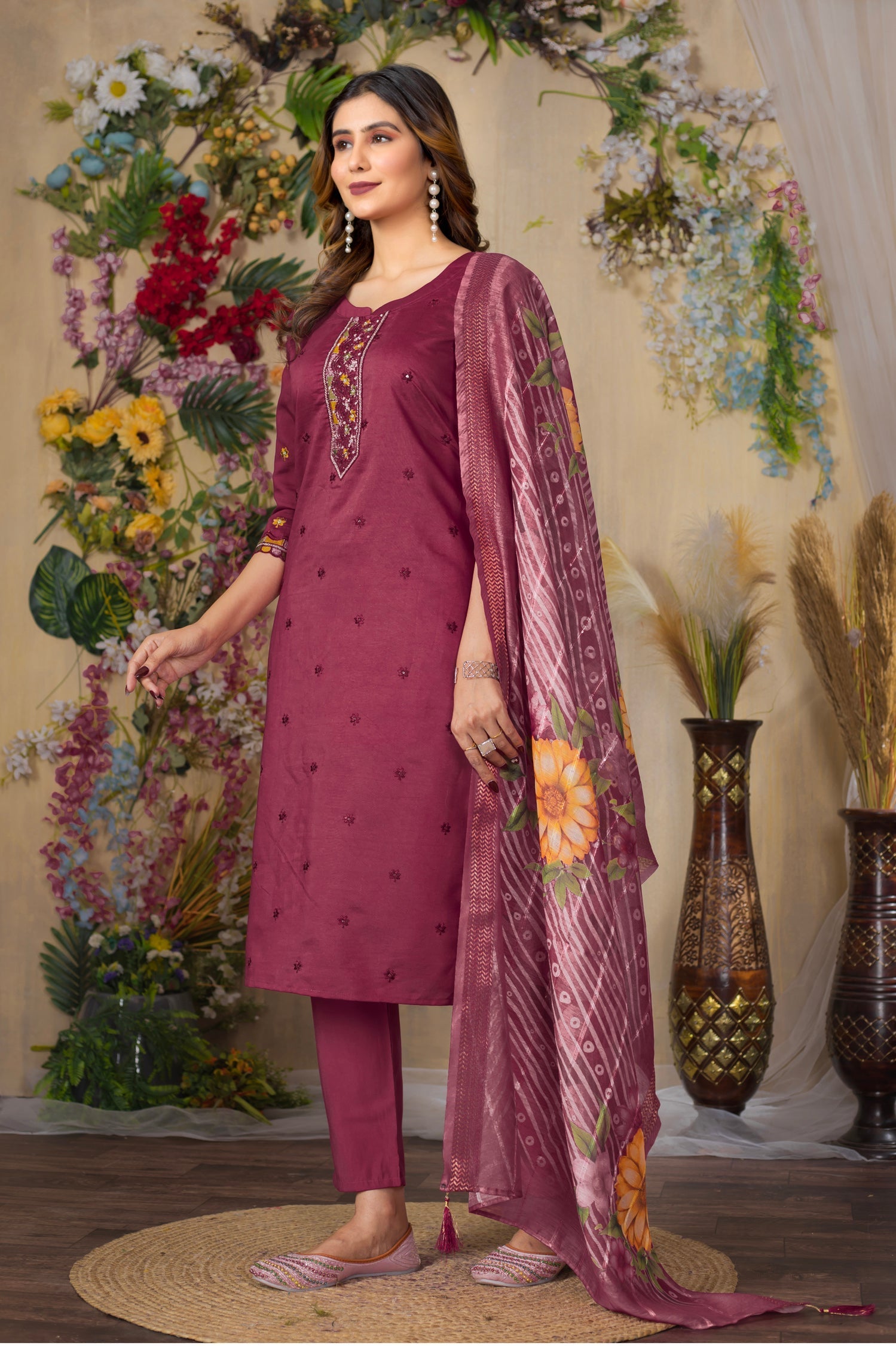 Lorenvalley Fashion Cerise Roman Silk Multi Embroidery Thread With Hand Work Kurta Pant Dupatta 