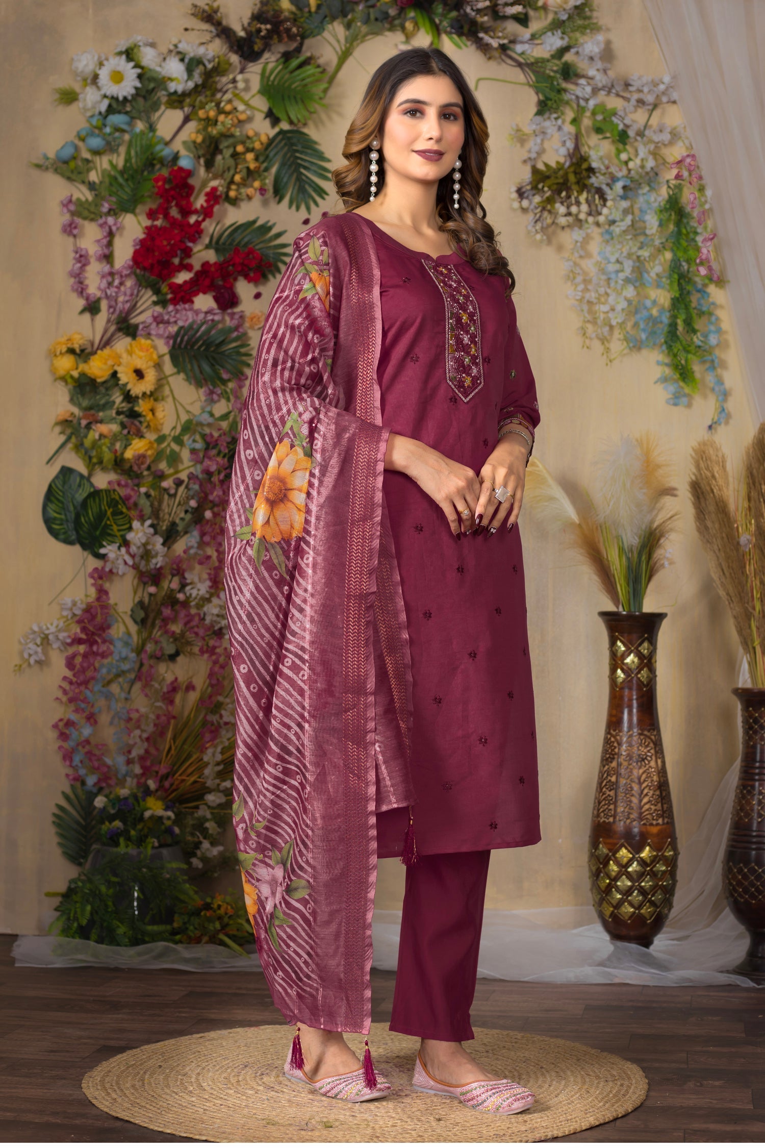 Lorenvalley Fashion Cerise Roman Silk Multi Embroidery Thread With Hand Work Kurta Pant Dupatta 