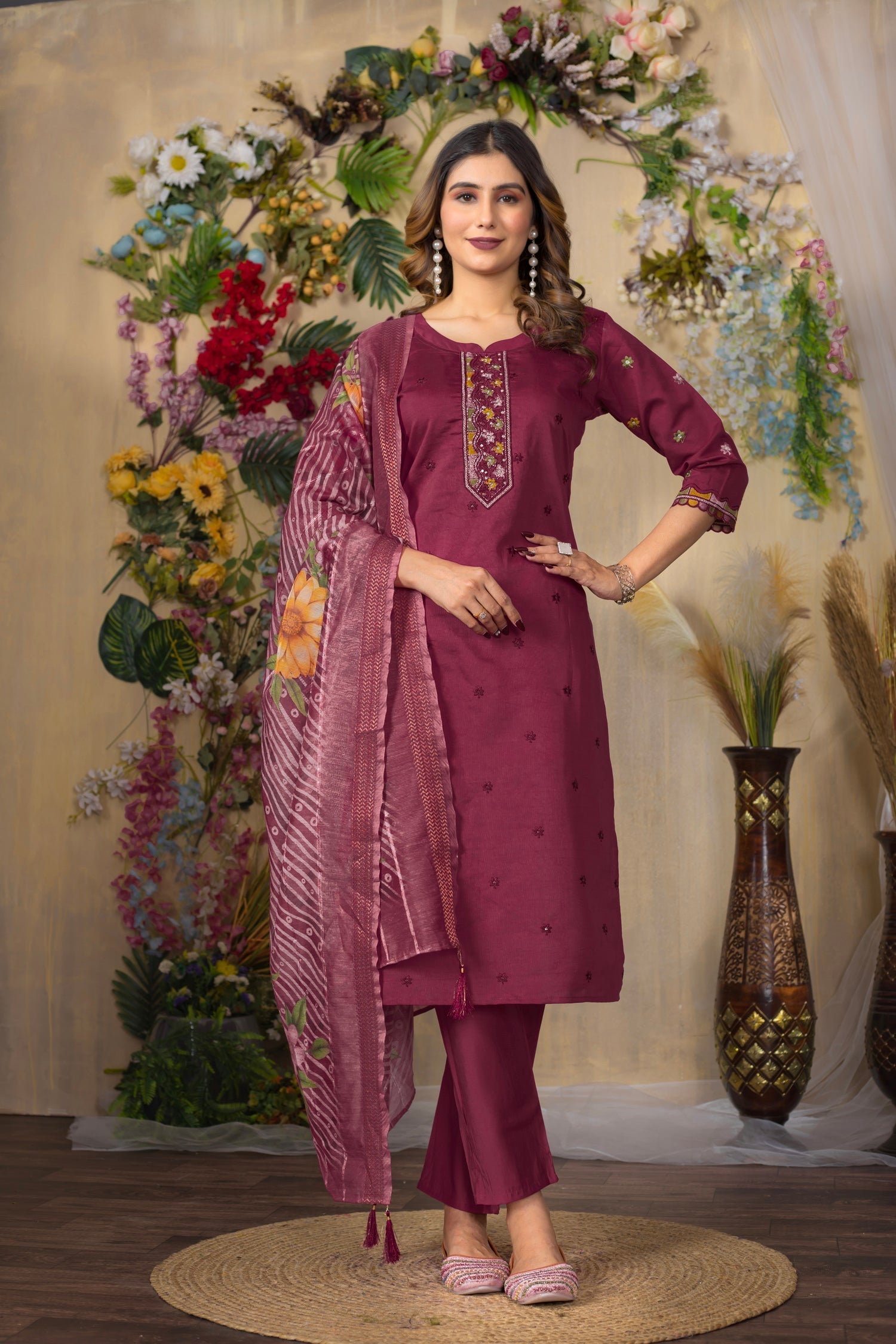 Lorenvalley Fashion Cerise Roman Silk Multi Embroidery Thread With Hand Work Kurta Pant Dupatta 