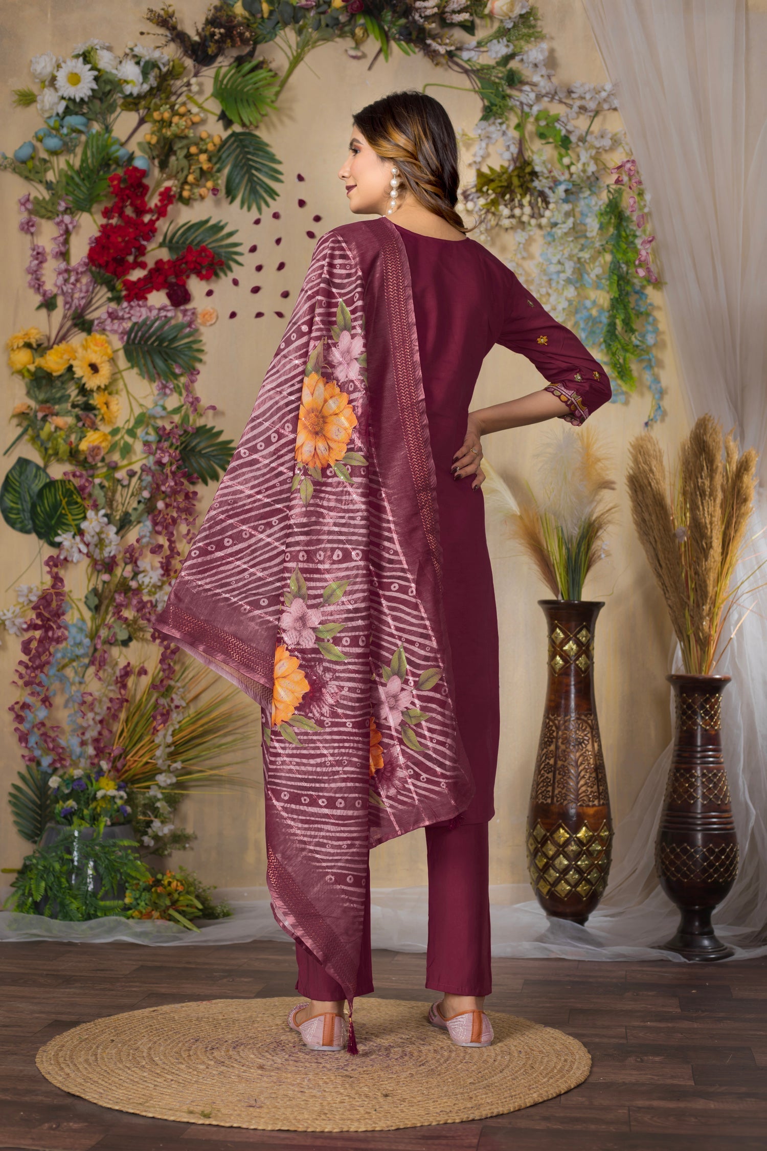 Lorenvalley Fashion Cerise Roman Silk Multi Embroidery Thread With Hand Work Kurta Pant Dupatta 