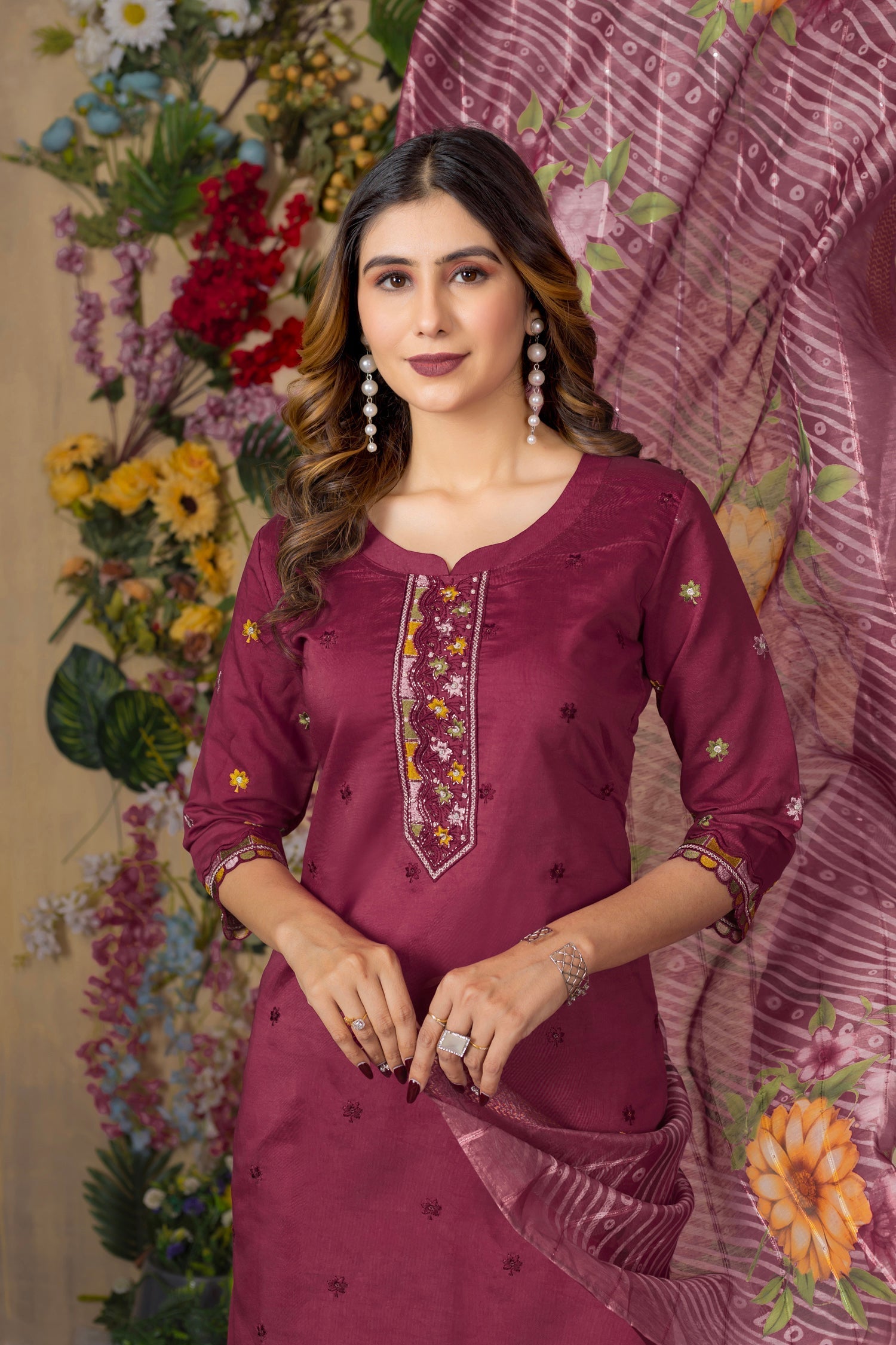 Lorenvalley Fashion Cerise Roman Silk Multi Embroidery Thread With Hand Work Kurta Pant Dupatta 