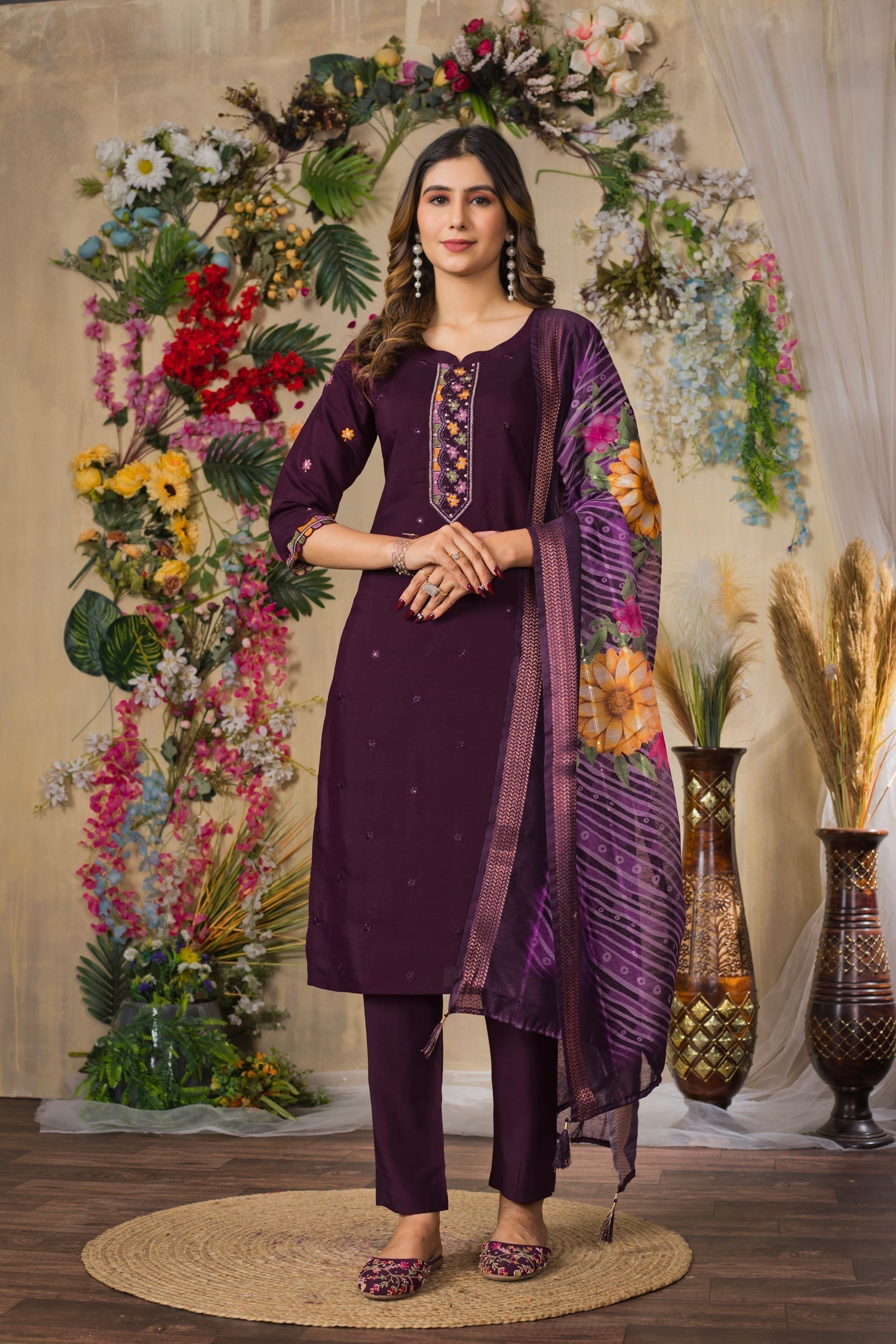Lorenvalley Fashion Wine Roman Silk Multi Embroidery Thread With Hand Work Kurta Pant Dupatta 