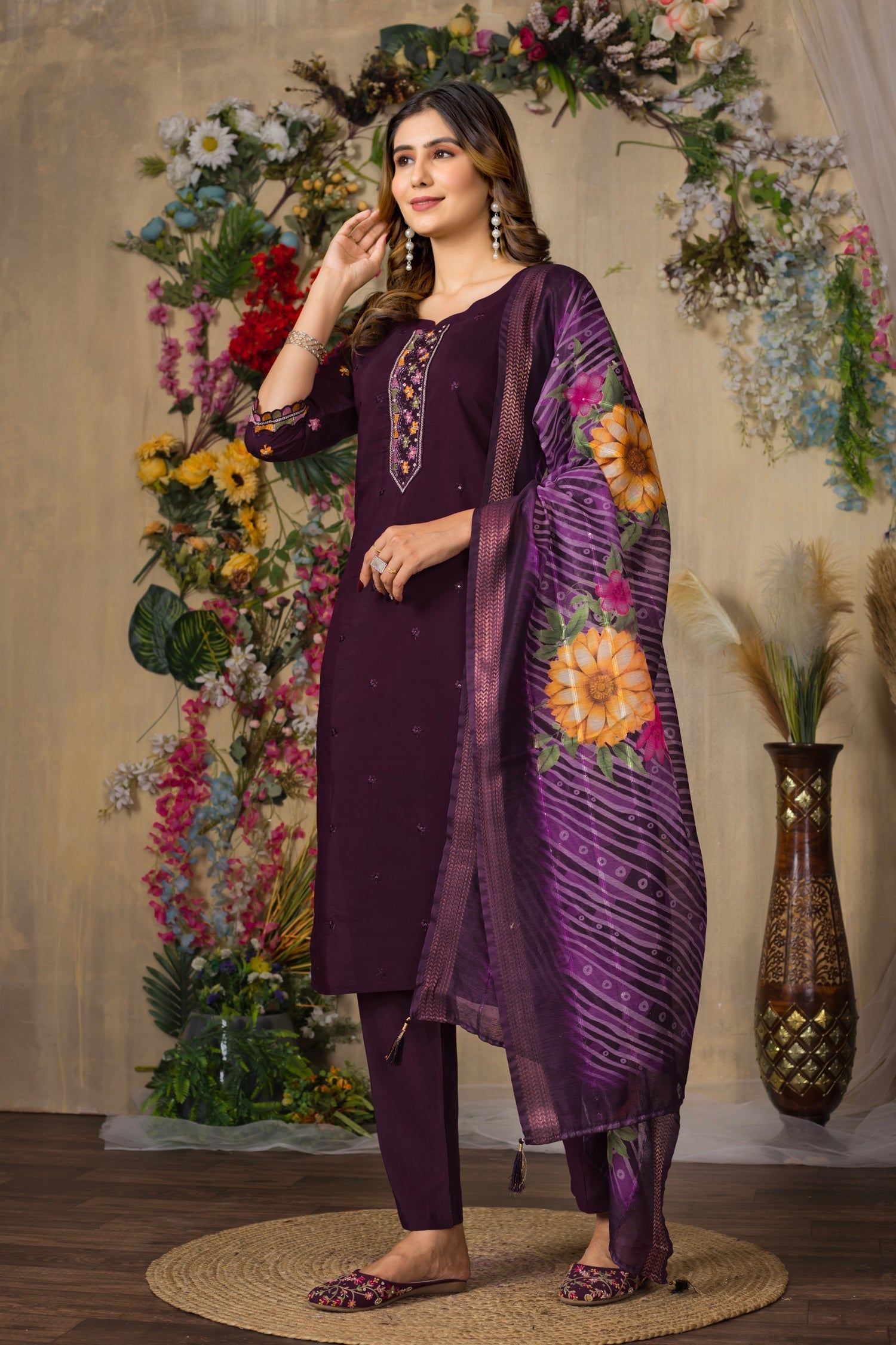 Lorenvalley Fashion Wine Roman Silk Multi Embroidery Thread With Hand Work Kurta Pant Dupatta 