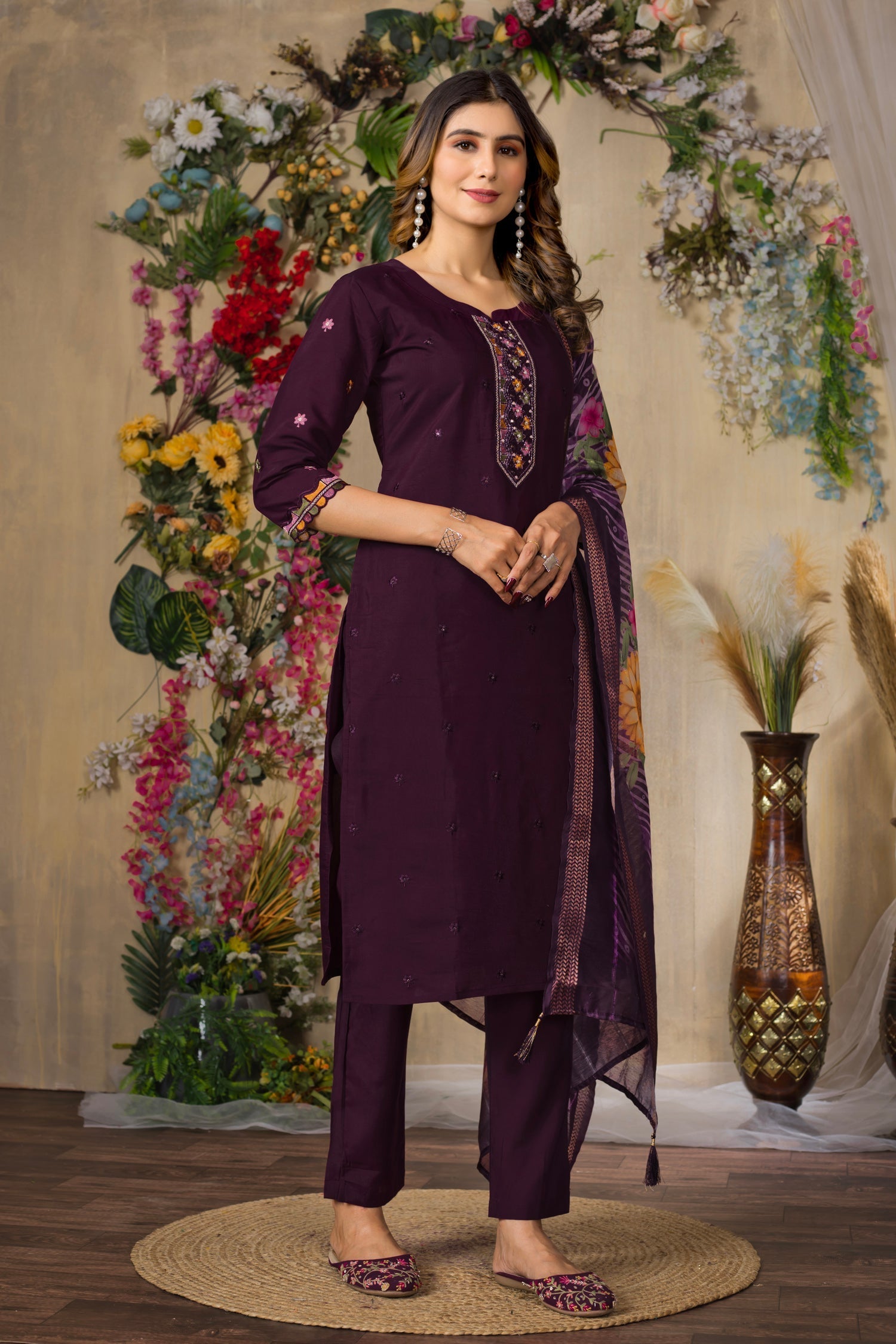 Lorenvalley Fashion Wine Roman Silk Multi Embroidery Thread With Hand Work Kurta Pant Dupatta 