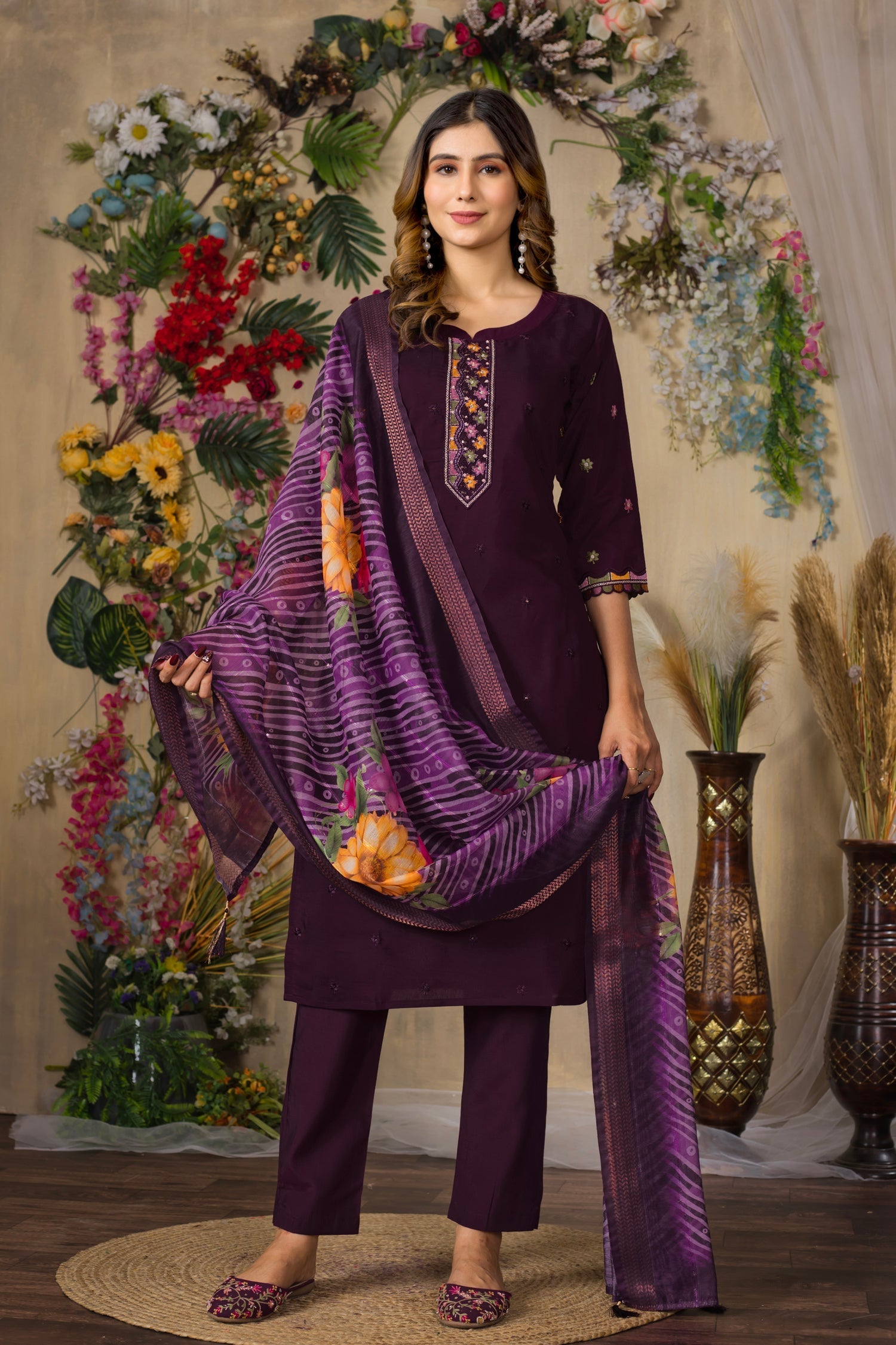 Lorenvalley Fashion Wine Roman Silk Multi Embroidery Thread With Hand Work Kurta Pant Dupatta 