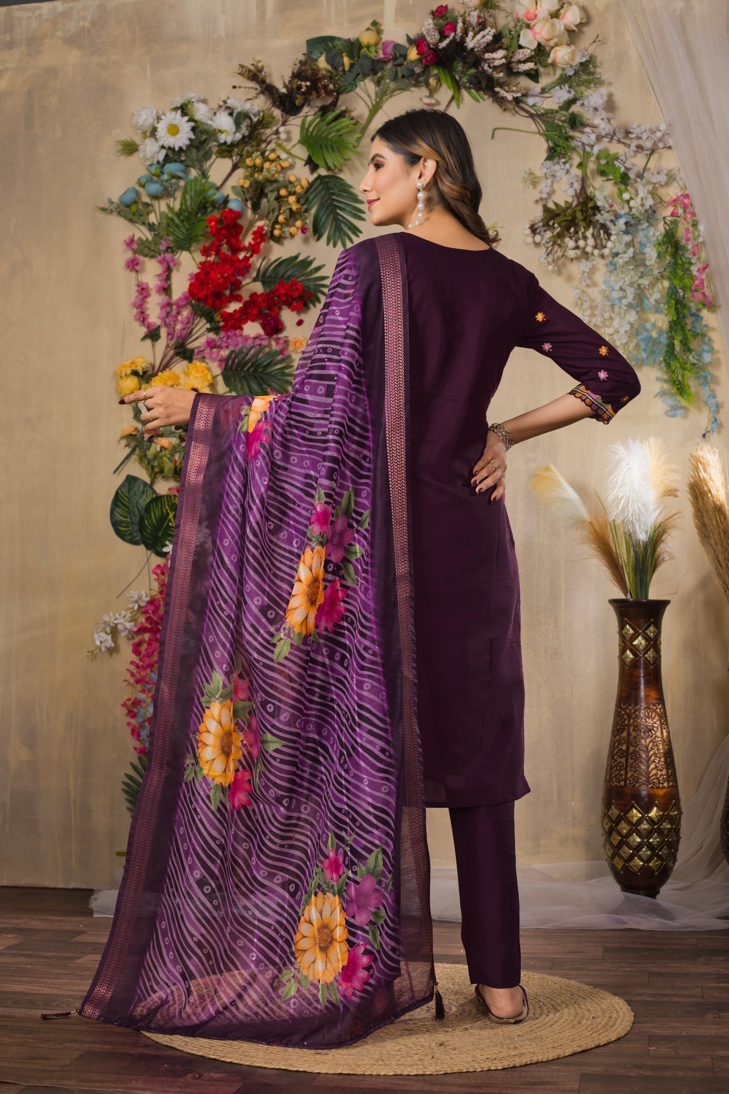 Lorenvalley Fashion Wine Roman Silk Multi Embroidery Thread With Hand Work Kurta Pant Dupatta 