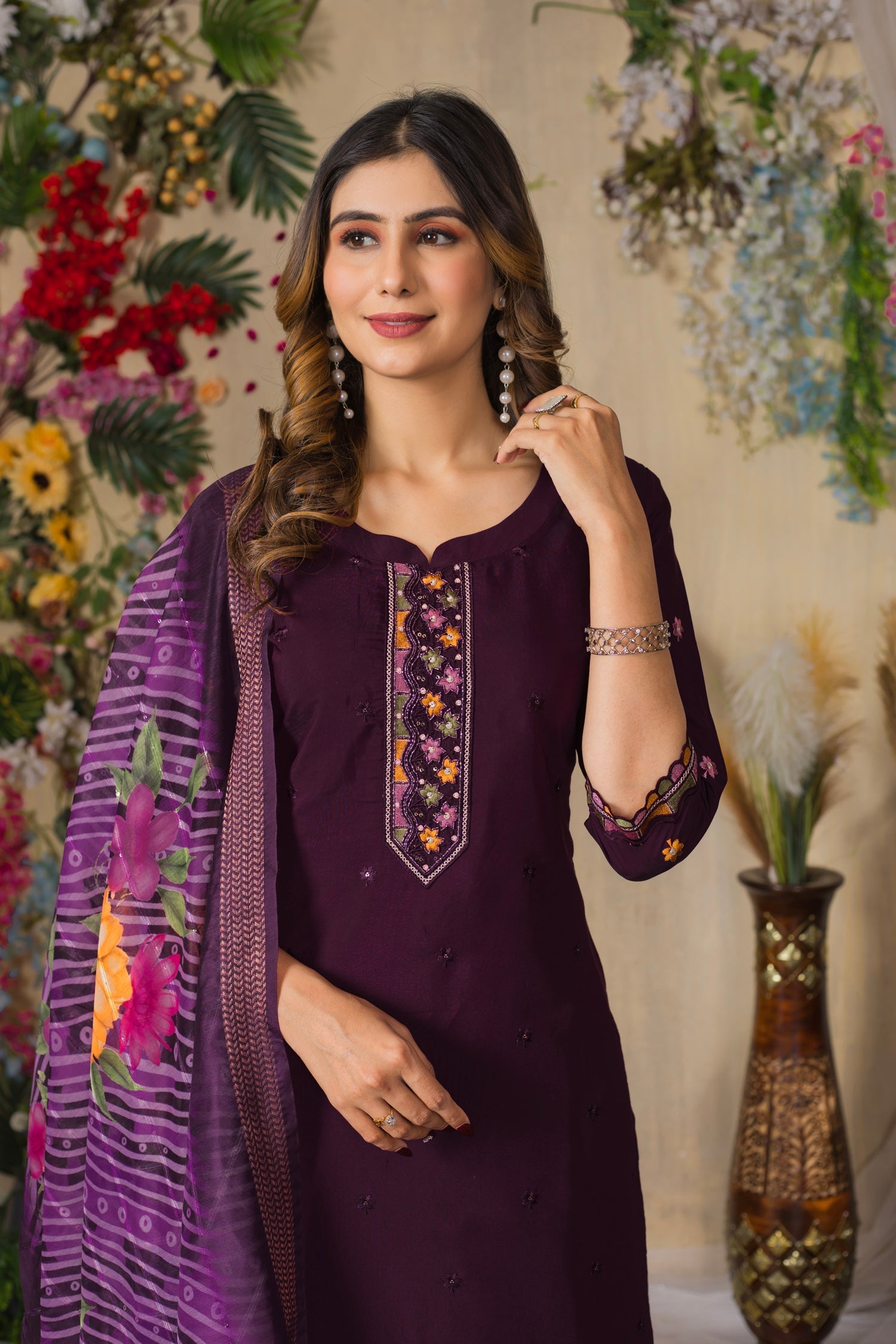 Lorenvalley Fashion Wine Roman Silk Multi Embroidery Thread With Hand Work Kurta Pant Dupatta 