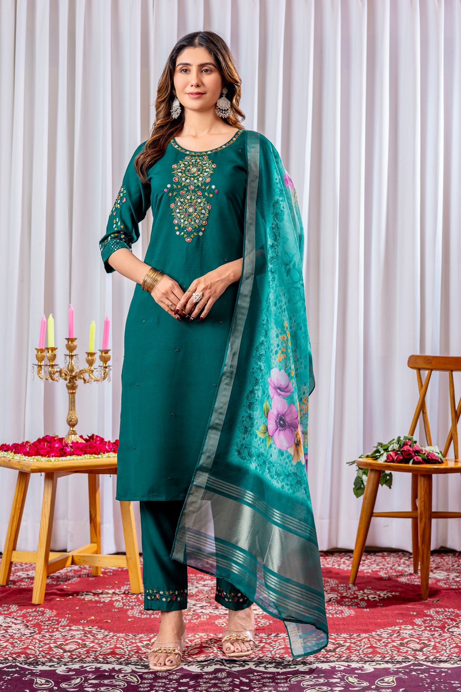Lorenvalley Fashion Green Viscose Silk Embroidery Thread With Hand Work Kurta Pant Dupatta 