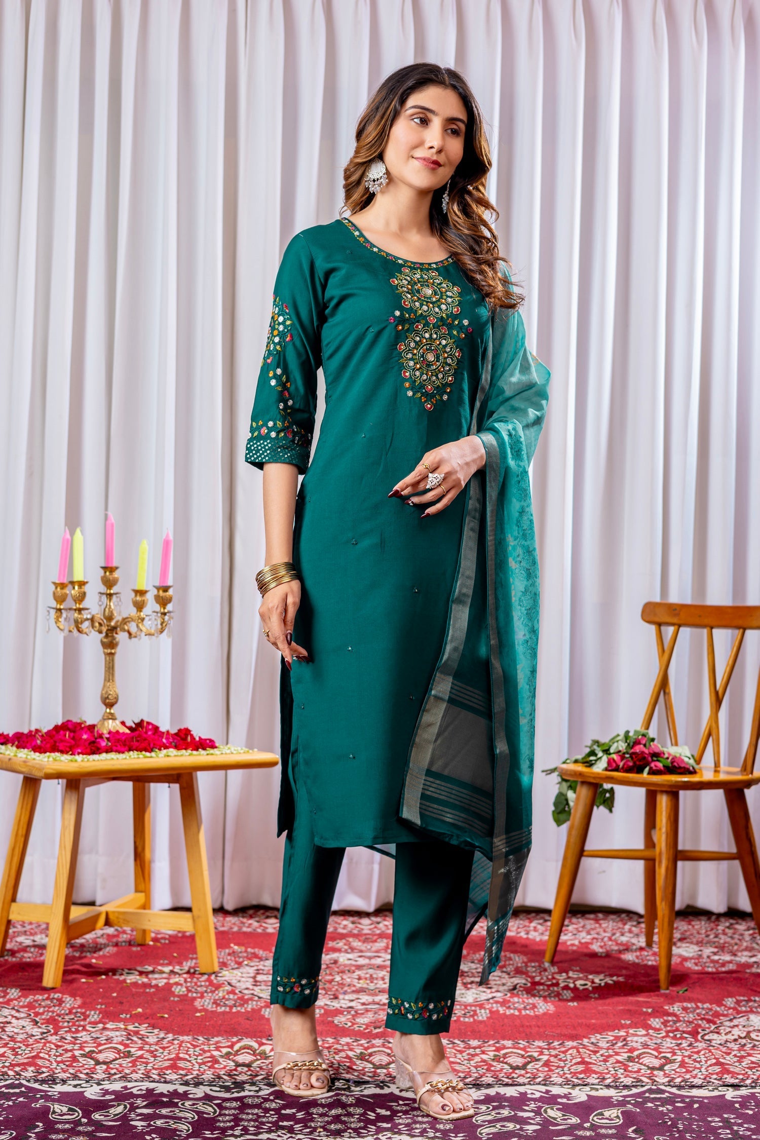 Lorenvalley Fashion Green Viscose Silk Embroidery Thread With Hand Work Kurta Pant Dupatta 