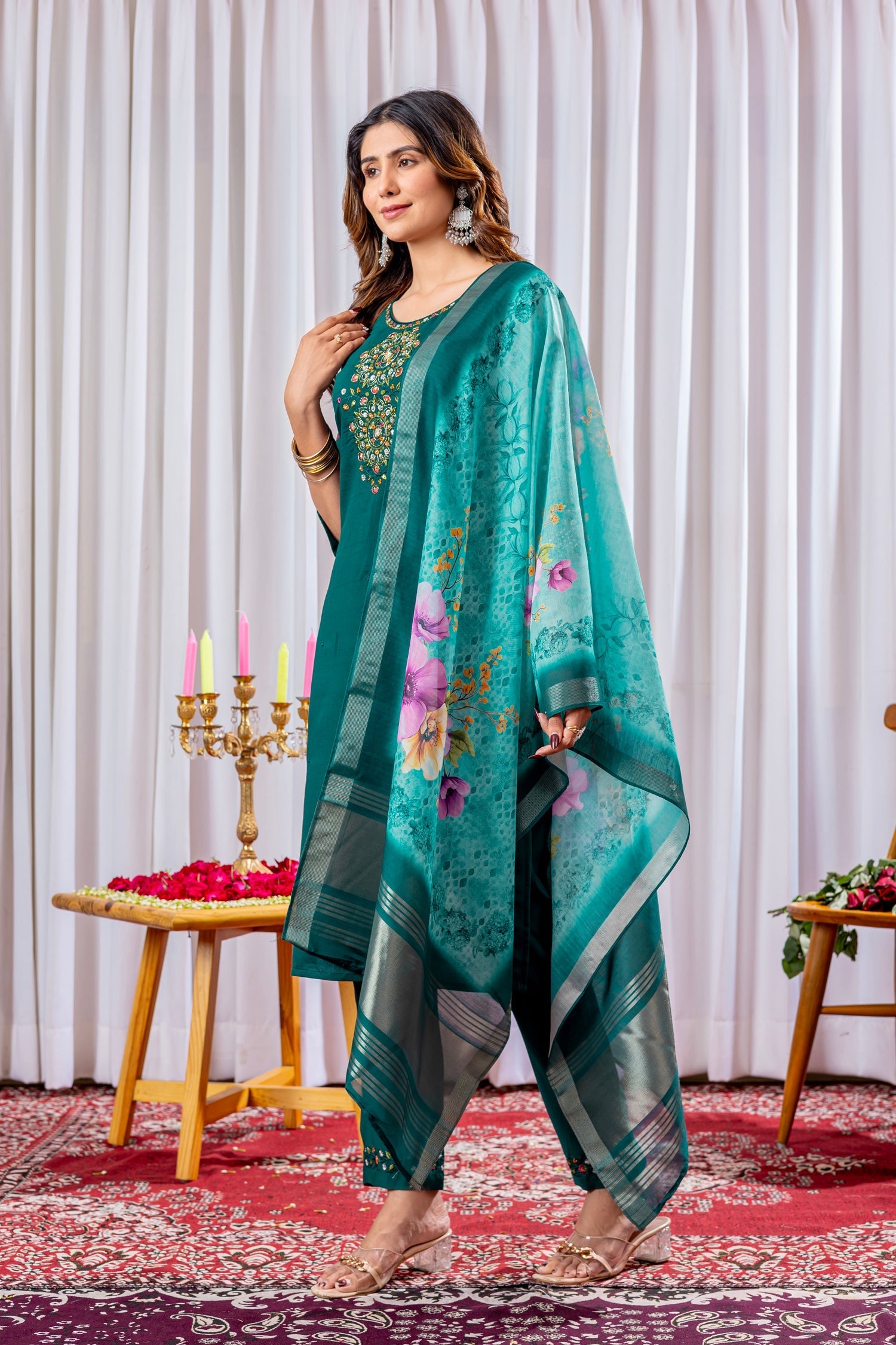 Lorenvalley Fashion Green Viscose Silk Embroidery Thread With Hand Work Kurta Pant Dupatta 