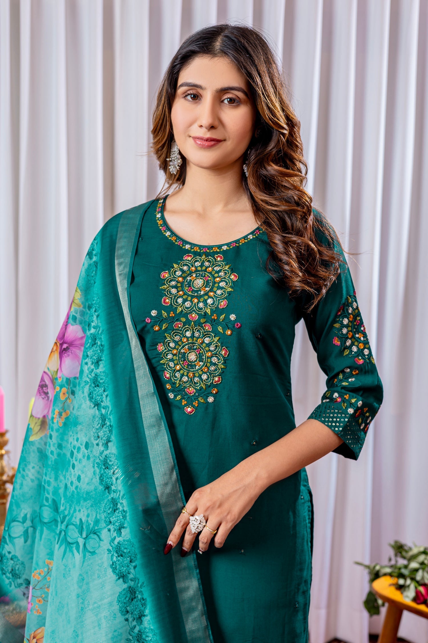 Lorenvalley Fashion Green Viscose Silk Embroidery Thread With Hand Work Kurta Pant Dupatta 