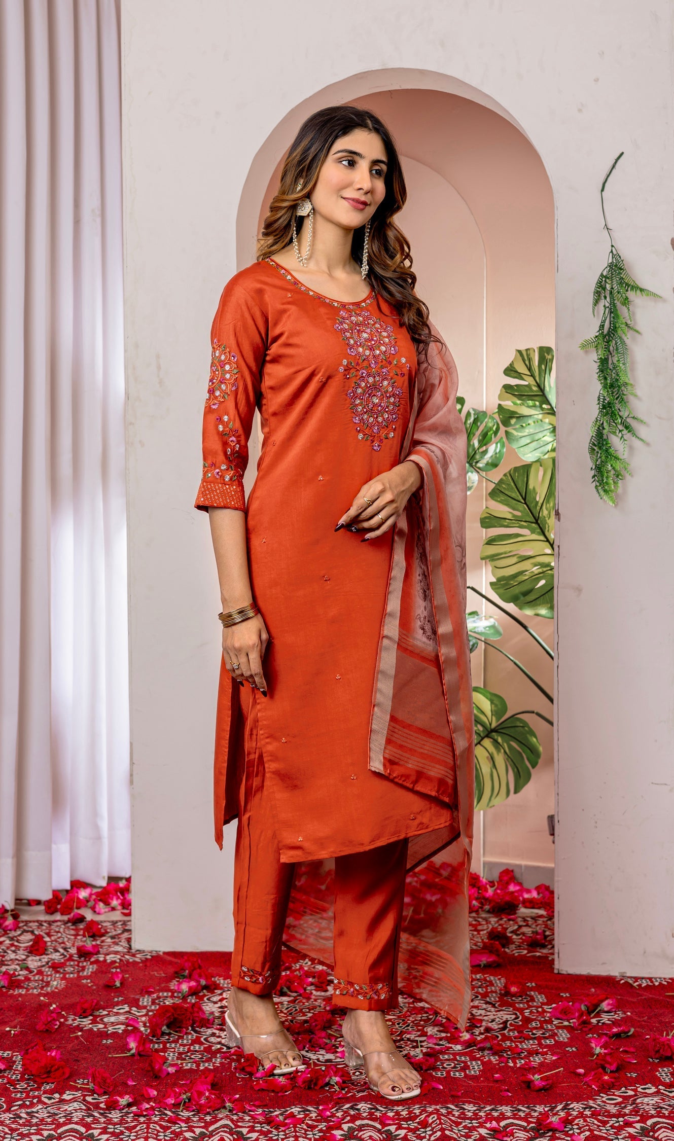 Lorenvalley Fashion Orange Viscose Silk Embroidery Thread With Hand Work Kurta Pant Dupatta 