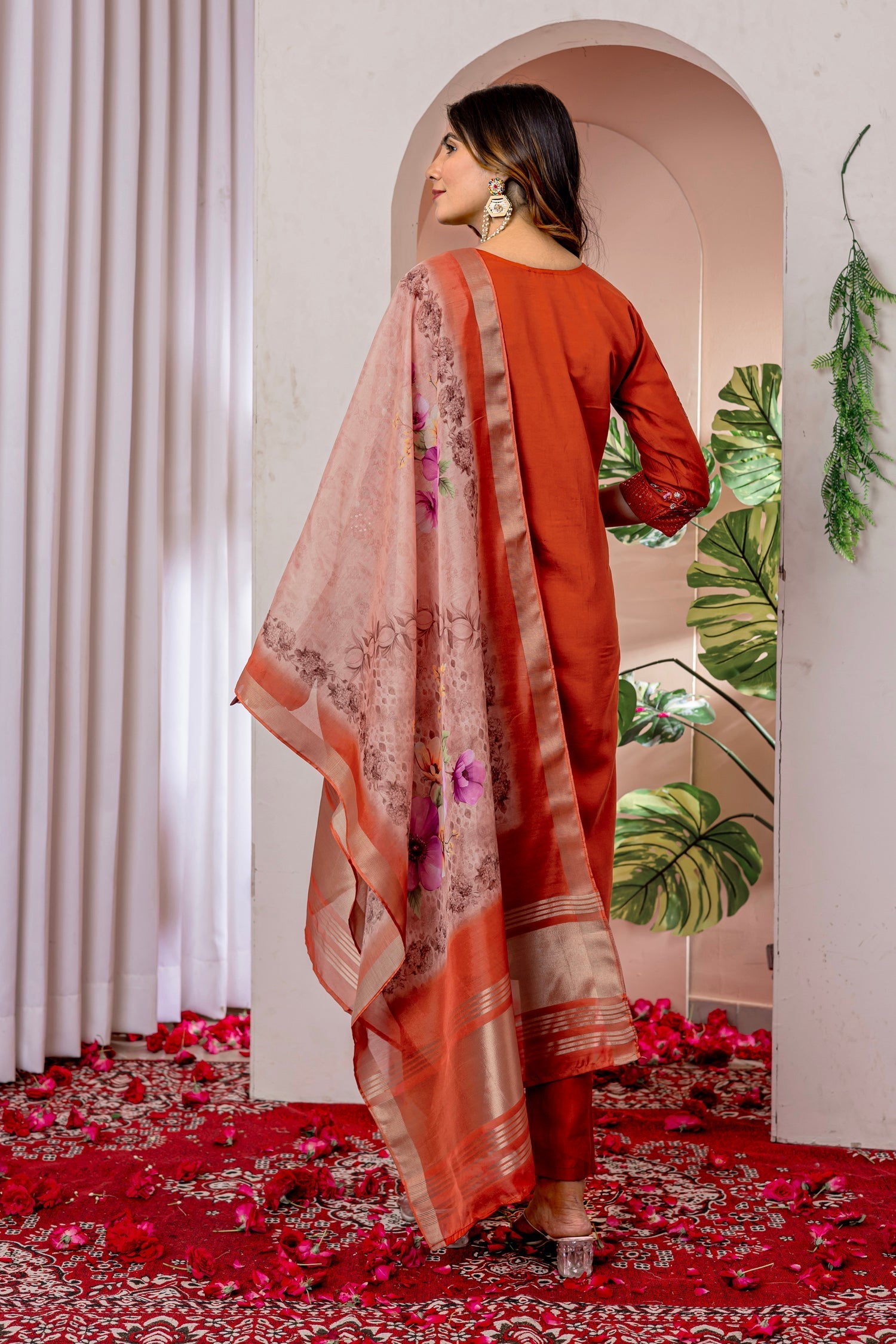 Lorenvalley Fashion Orange Viscose Silk Embroidery Thread With Hand Work Kurta Pant Dupatta 