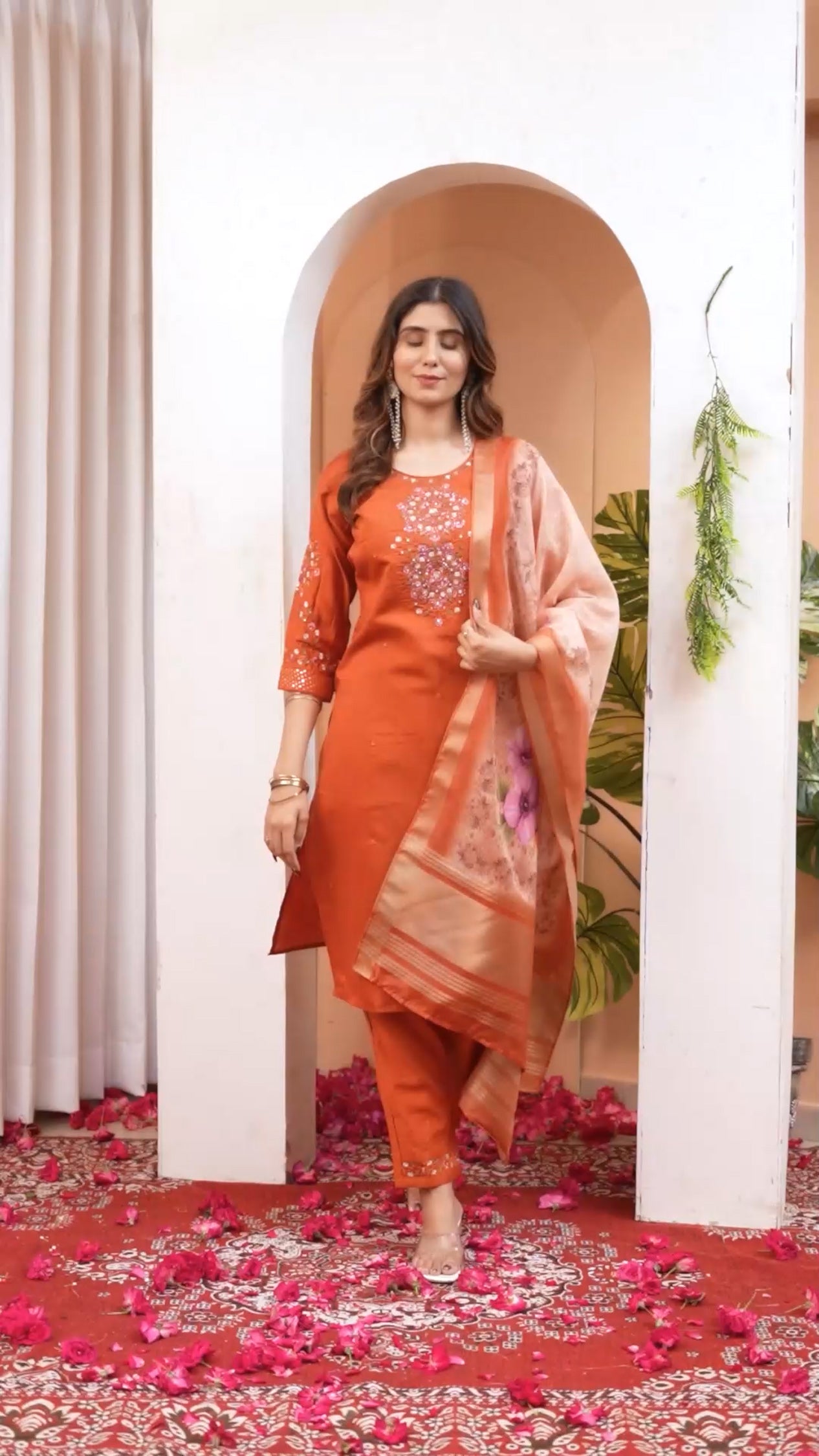 Lorenvalley Fashion Orange Viscose Silk Embroidery Thread With Hand Work Kurta Pant Dupatta 