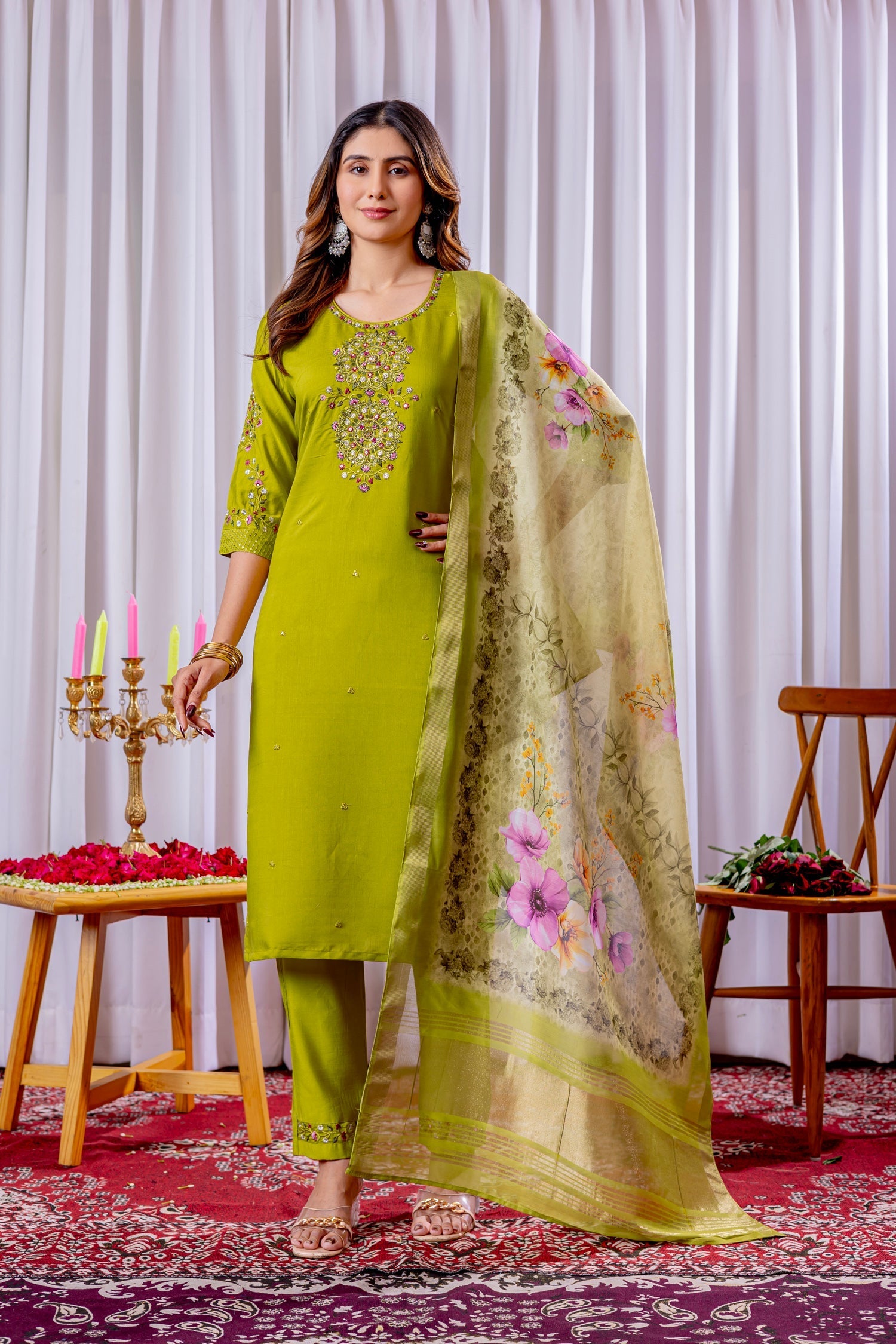 Lorenvalley Fashion Parrotgreen Viscose Silk Embroidery Thread With Hand Work Kurta Pant Dupatta 