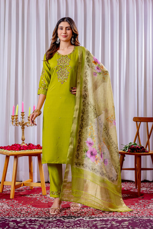 Lorenvalley Fashion Parrotgreen Viscose Silk Embroidery Thread With Hand Work Kurta Pant Dupatta 