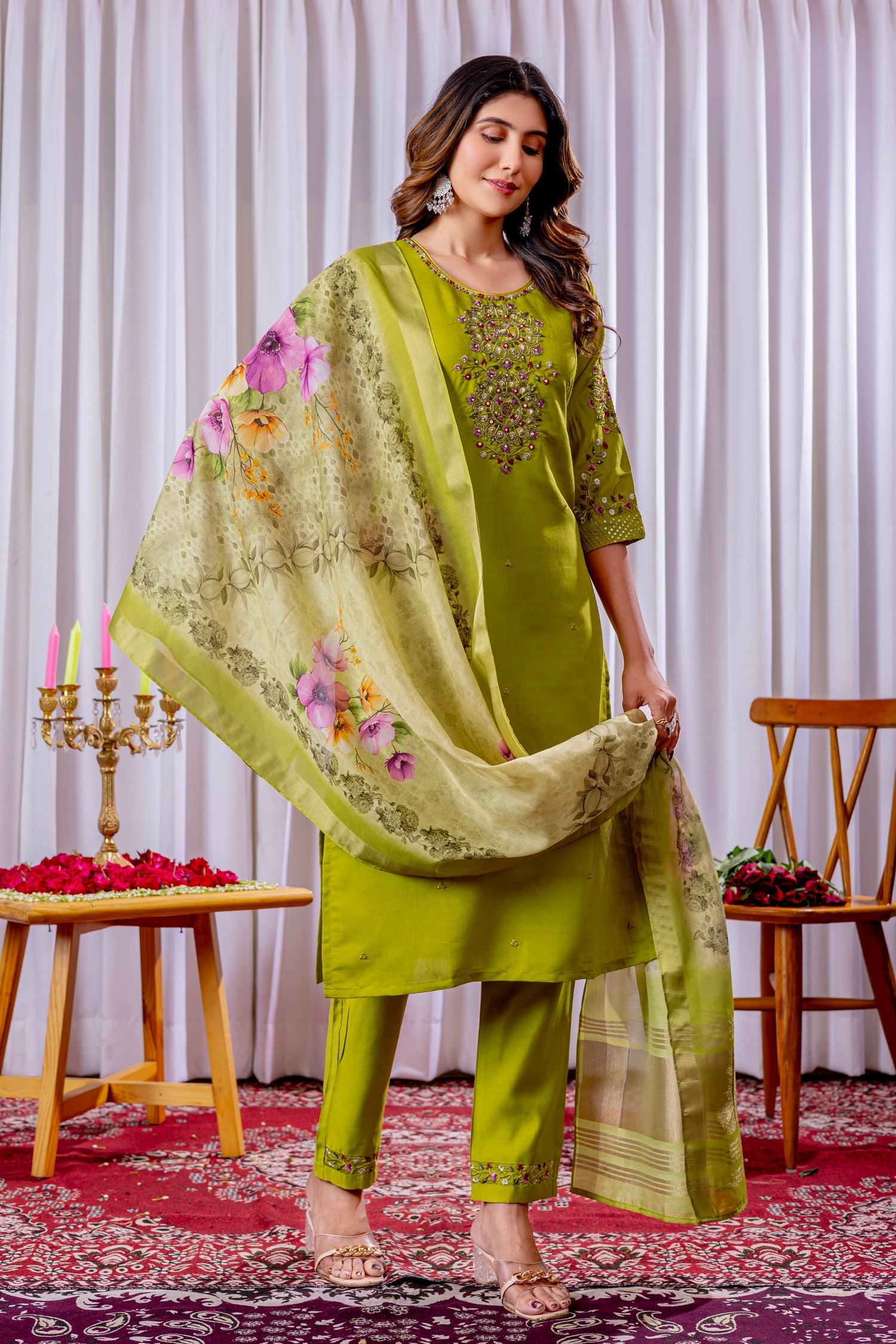 Lorenvalley Fashion Parrotgreen Viscose Silk Embroidery Thread With Hand Work Kurta Pant Dupatta 