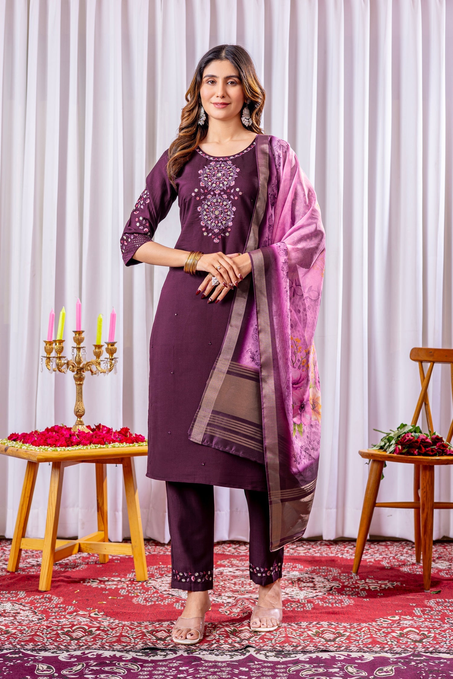 Lorenvalley Fashion Wine Viscose Silk Embroidery Thread With Hand Work Kurta Pant Dupatta 