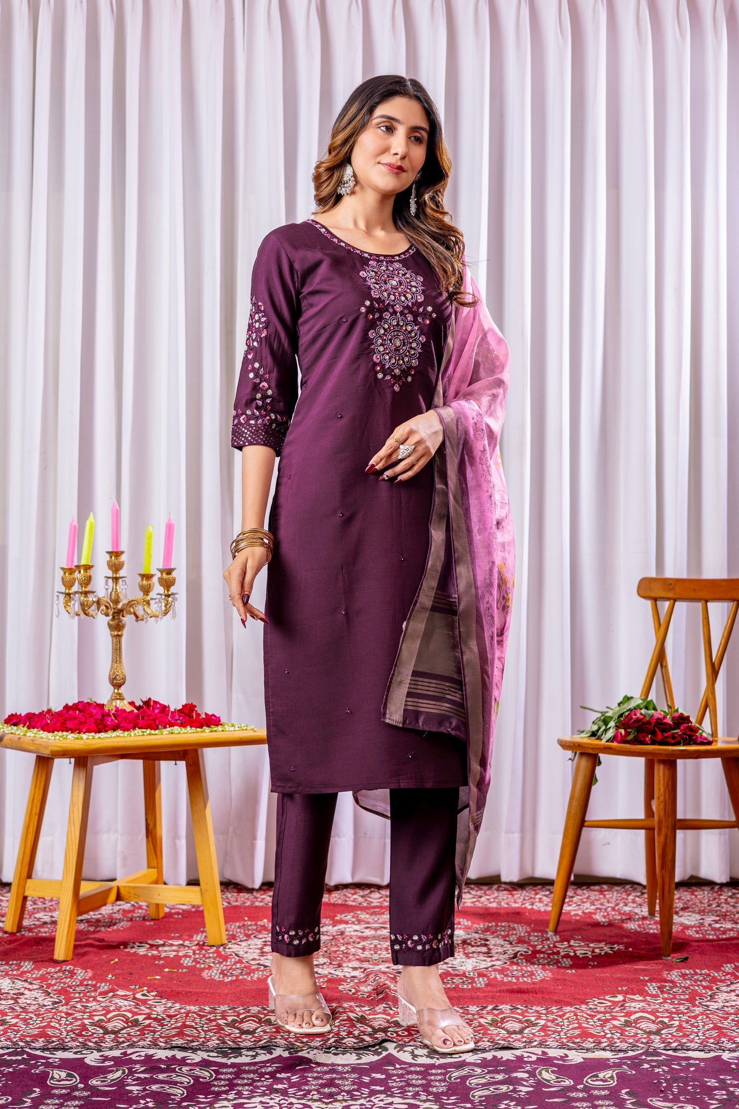 Lorenvalley Fashion Wine Viscose Silk Embroidery Thread With Hand Work Kurta Pant Dupatta 