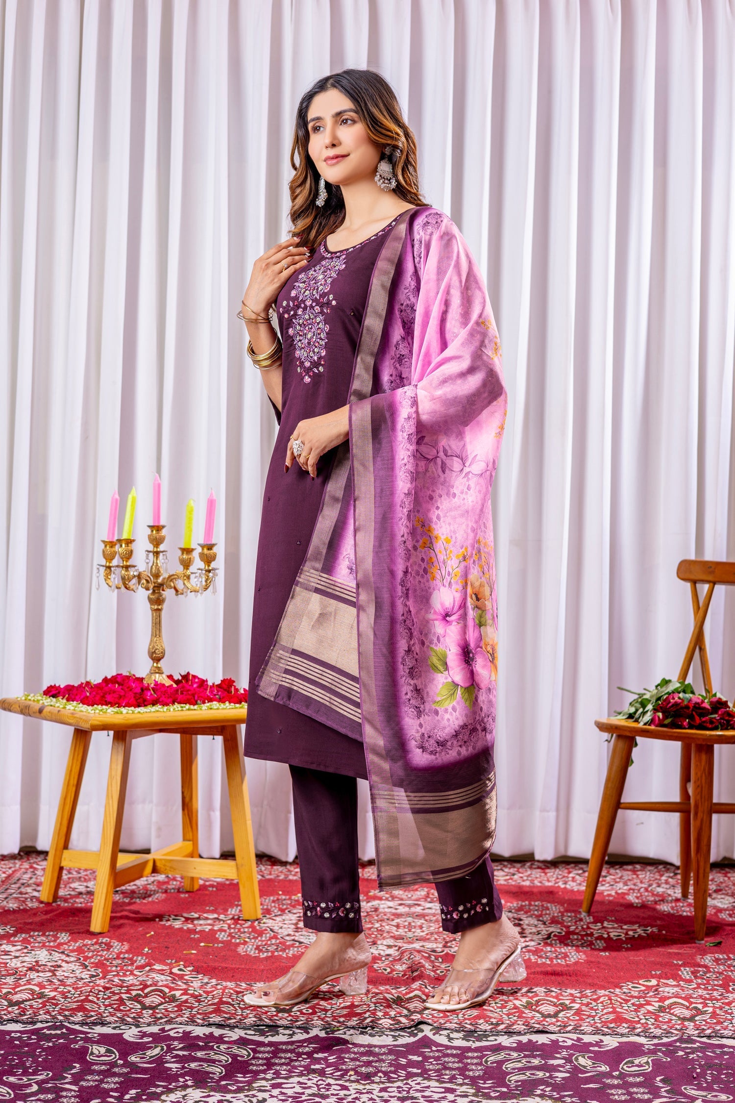 Lorenvalley Fashion Wine Viscose Silk Embroidery Thread With Hand Work Kurta Pant Dupatta 