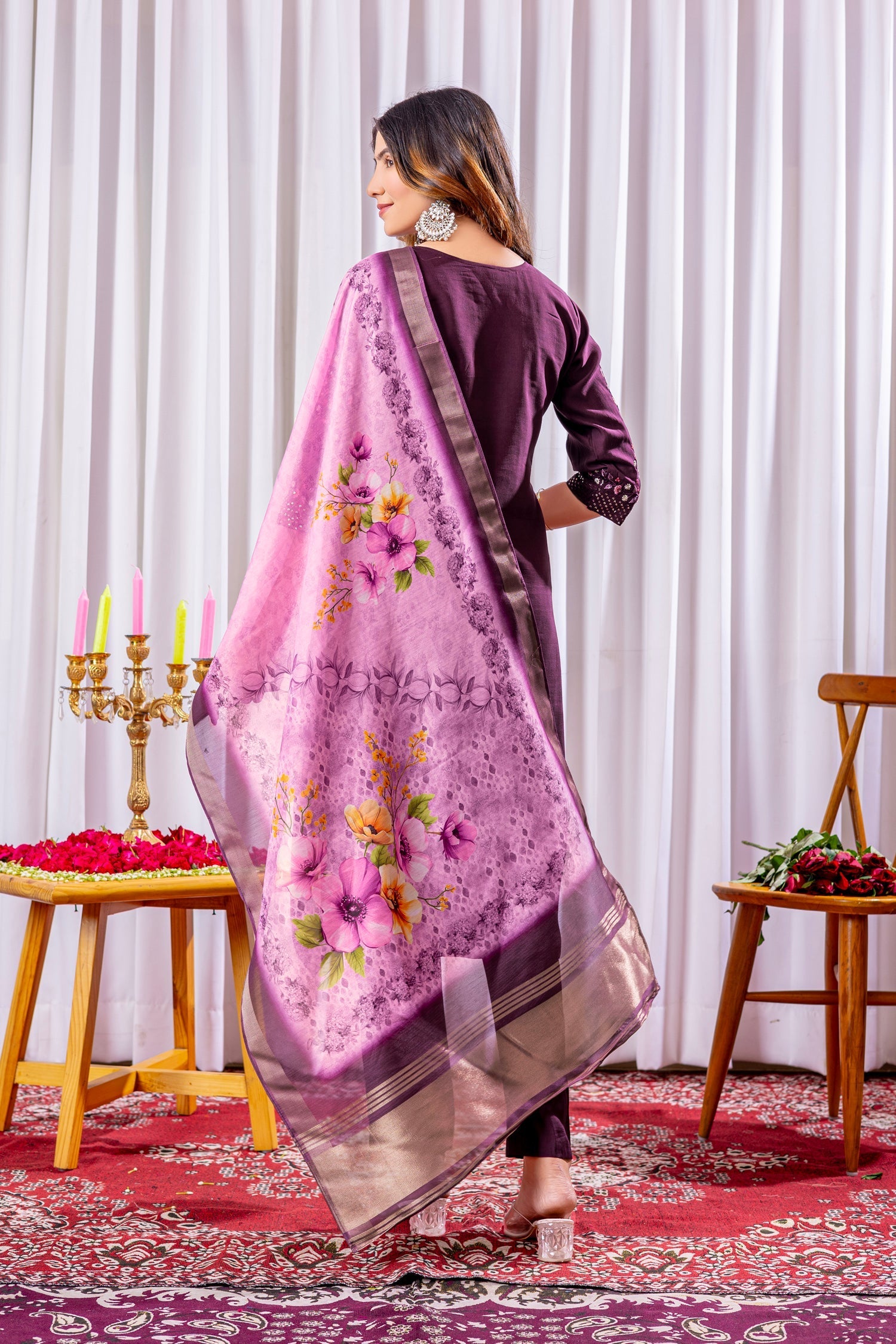 Lorenvalley Fashion Wine Viscose Silk Embroidery Thread With Hand Work Kurta Pant Dupatta 
