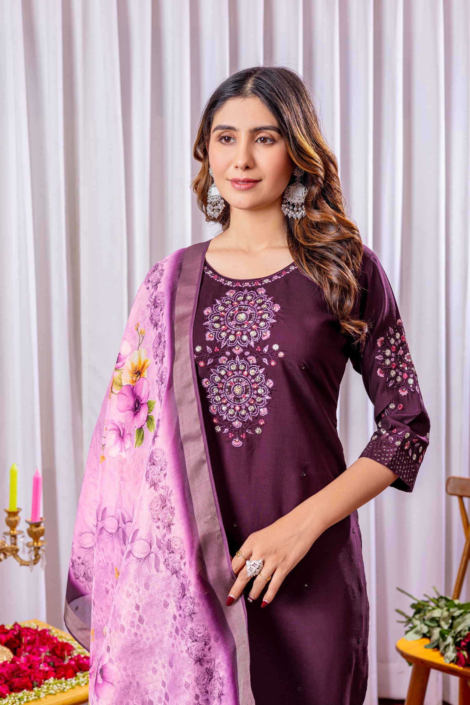 Lorenvalley Fashion Wine Viscose Silk Embroidery Thread With Hand Work Kurta Pant Dupatta 