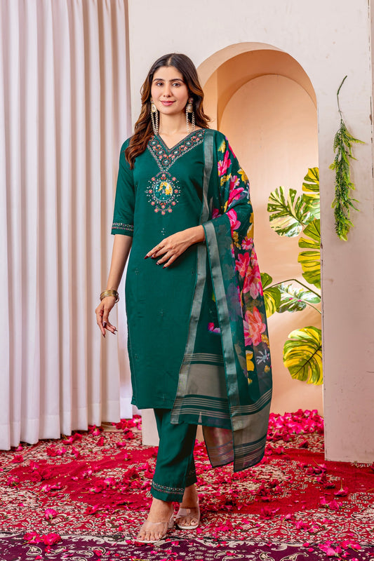 Lorenvalley Fashion Green Marina Viscose Silk Embroidery Thread With Hand Work Kurta Pant Dupatta 