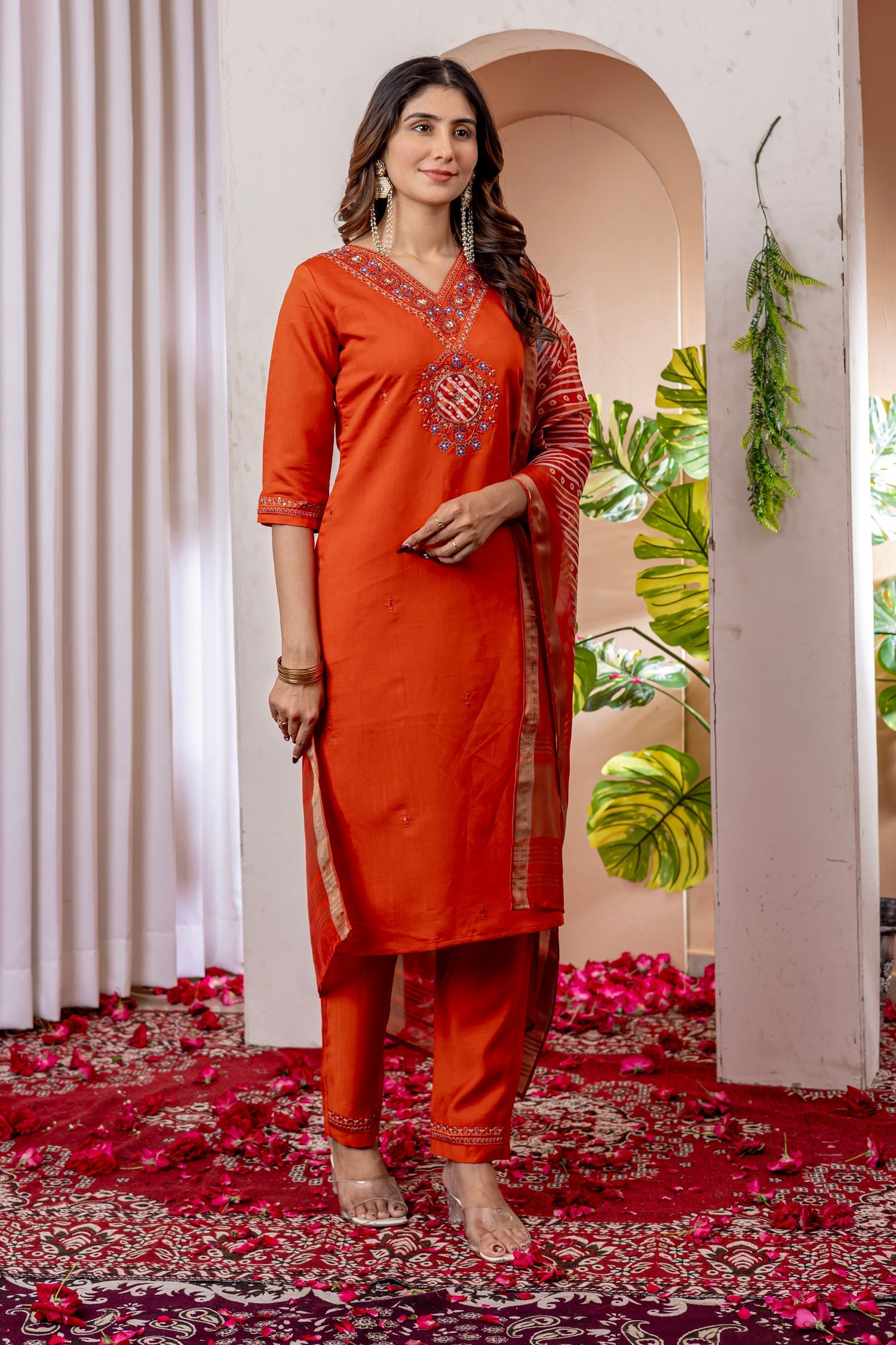 Lorenvalley Fashion Orange Marina Viscose Silk Embroidery Thread With Hand Work Kurta Pant Dupatta 