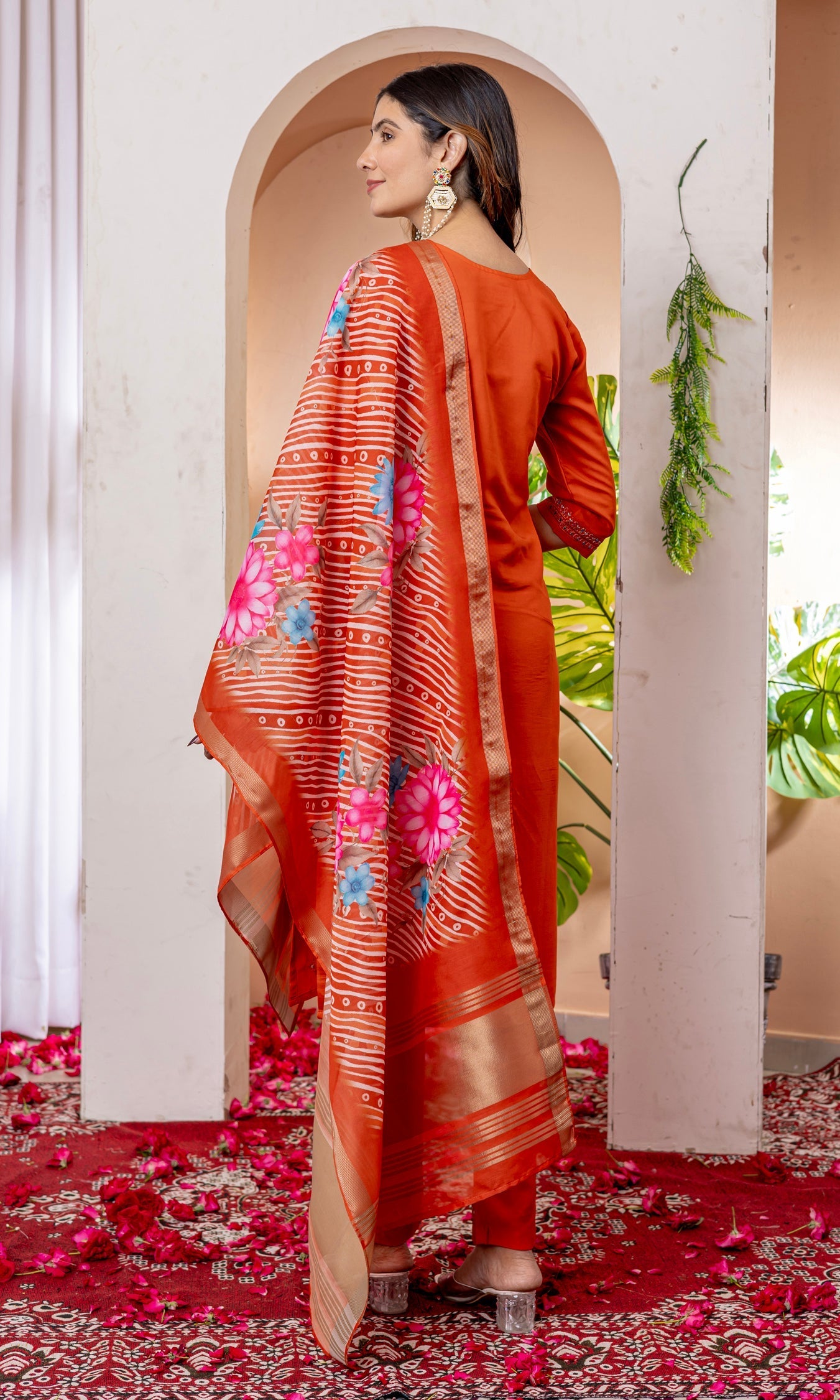 Lorenvalley Fashion Orange Marina Viscose Silk Embroidery Thread With Hand Work Kurta Pant Dupatta 