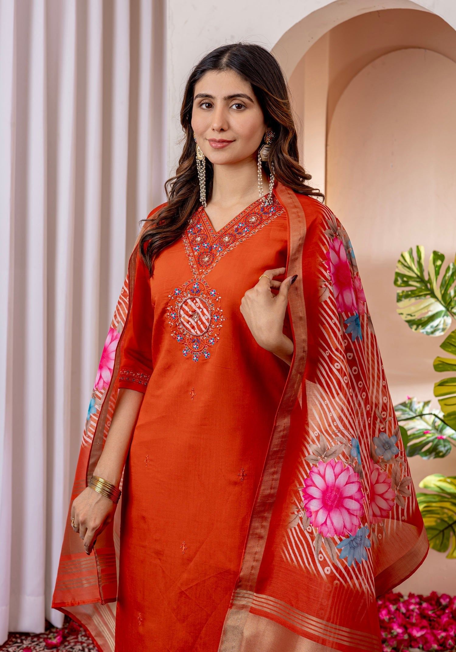 Lorenvalley Fashion Orange Marina Viscose Silk Embroidery Thread With Hand Work Kurta Pant Dupatta 