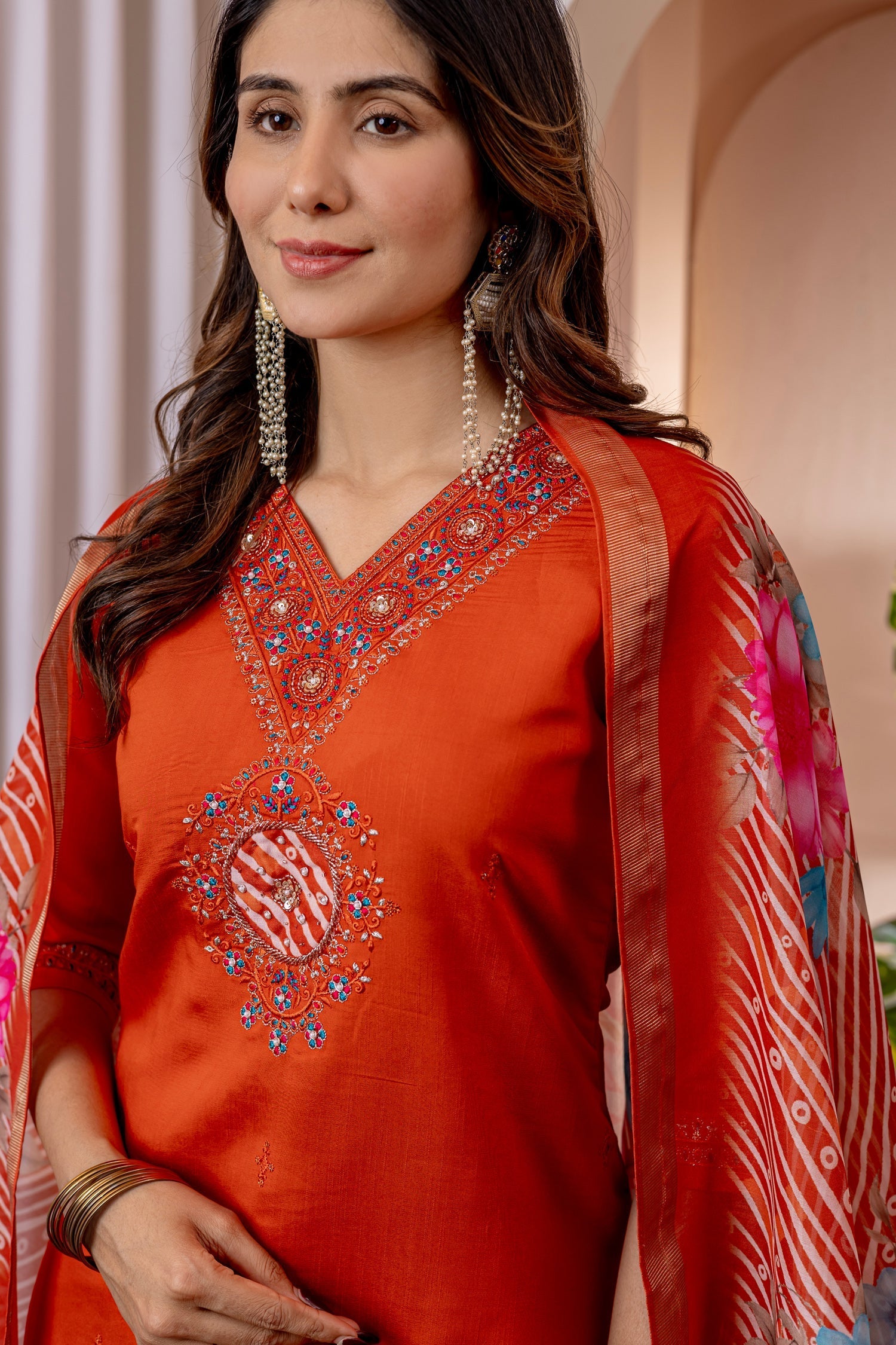 Lorenvalley Fashion Orange Marina Viscose Silk Embroidery Thread With Hand Work Kurta Pant Dupatta 