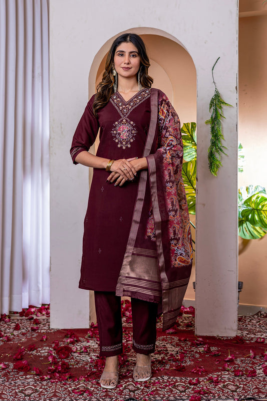 Lorenvalley Fashion Wine Marina Viscose Silk Embroidery Thread With Hand Work Kurta Pant Dupatta 