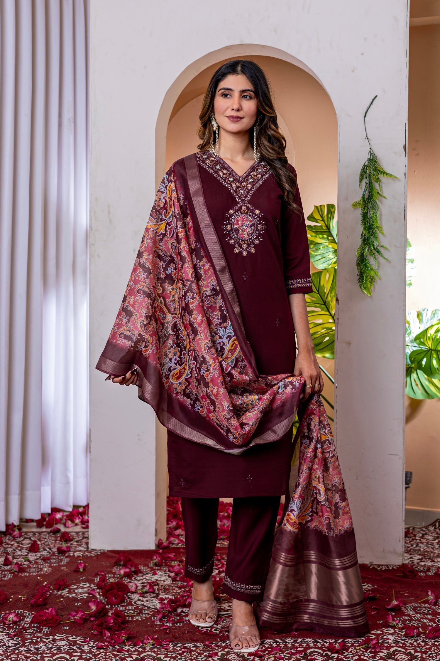 Lorenvalley Fashion Wine Marina Viscose Silk Embroidery Thread With Hand Work Kurta Pant Dupatta 