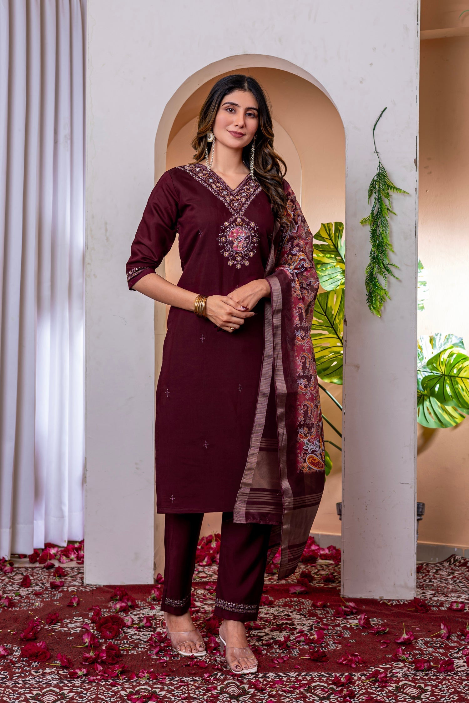 Lorenvalley Fashion Wine Marina Viscose Silk Embroidery Thread With Hand Work Kurta Pant Dupatta 