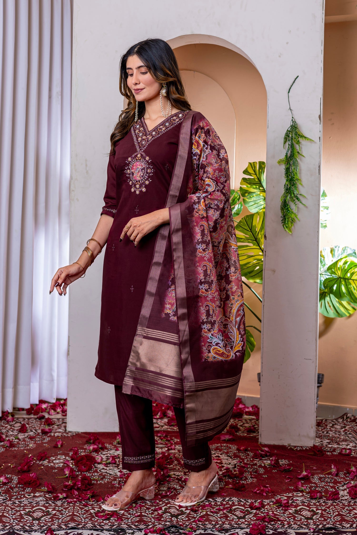 Lorenvalley Fashion Wine Marina Viscose Silk Embroidery Thread With Hand Work Kurta Pant Dupatta 