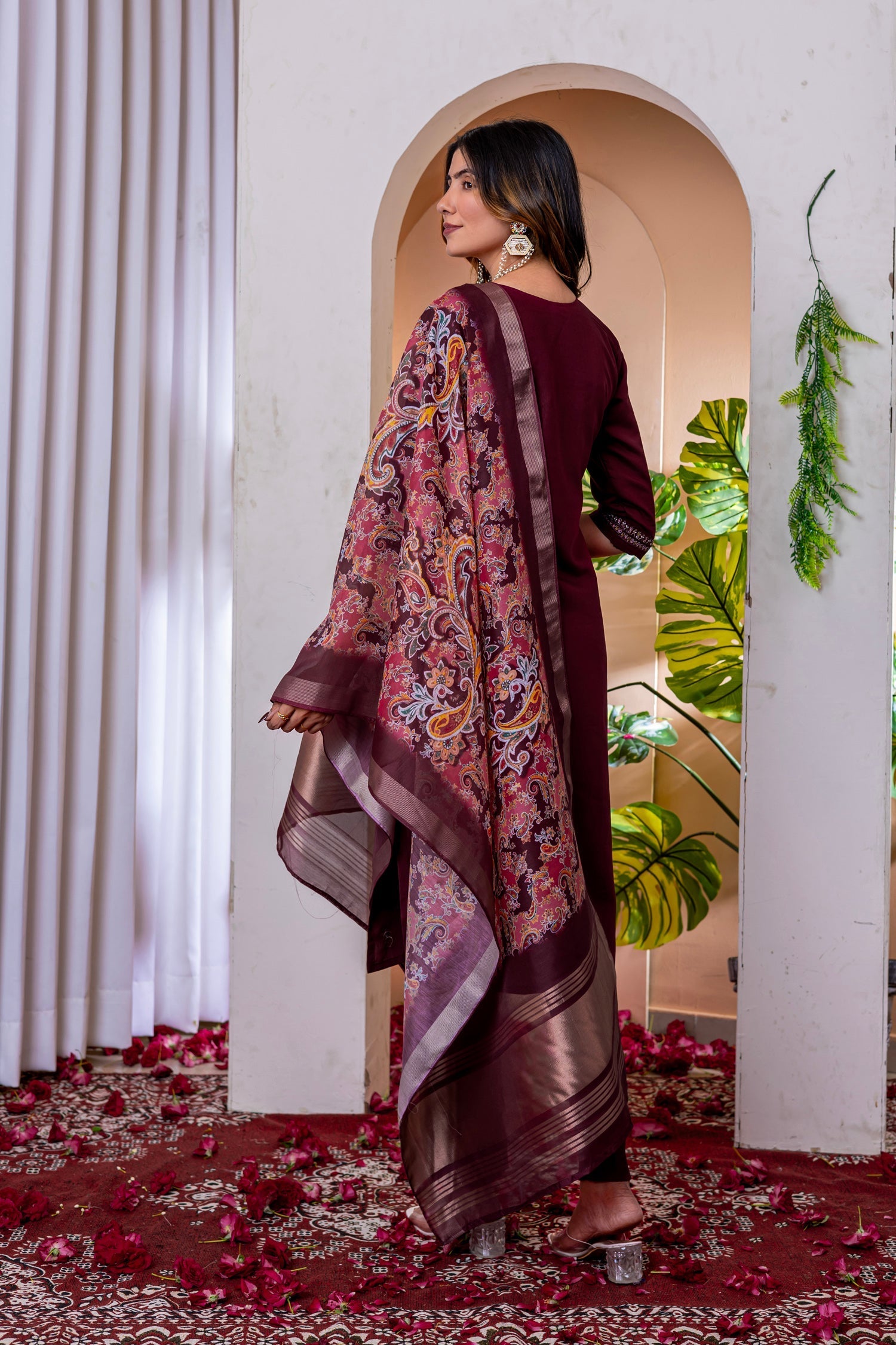 Lorenvalley Fashion Wine Marina Viscose Silk Embroidery Thread With Hand Work Kurta Pant Dupatta 