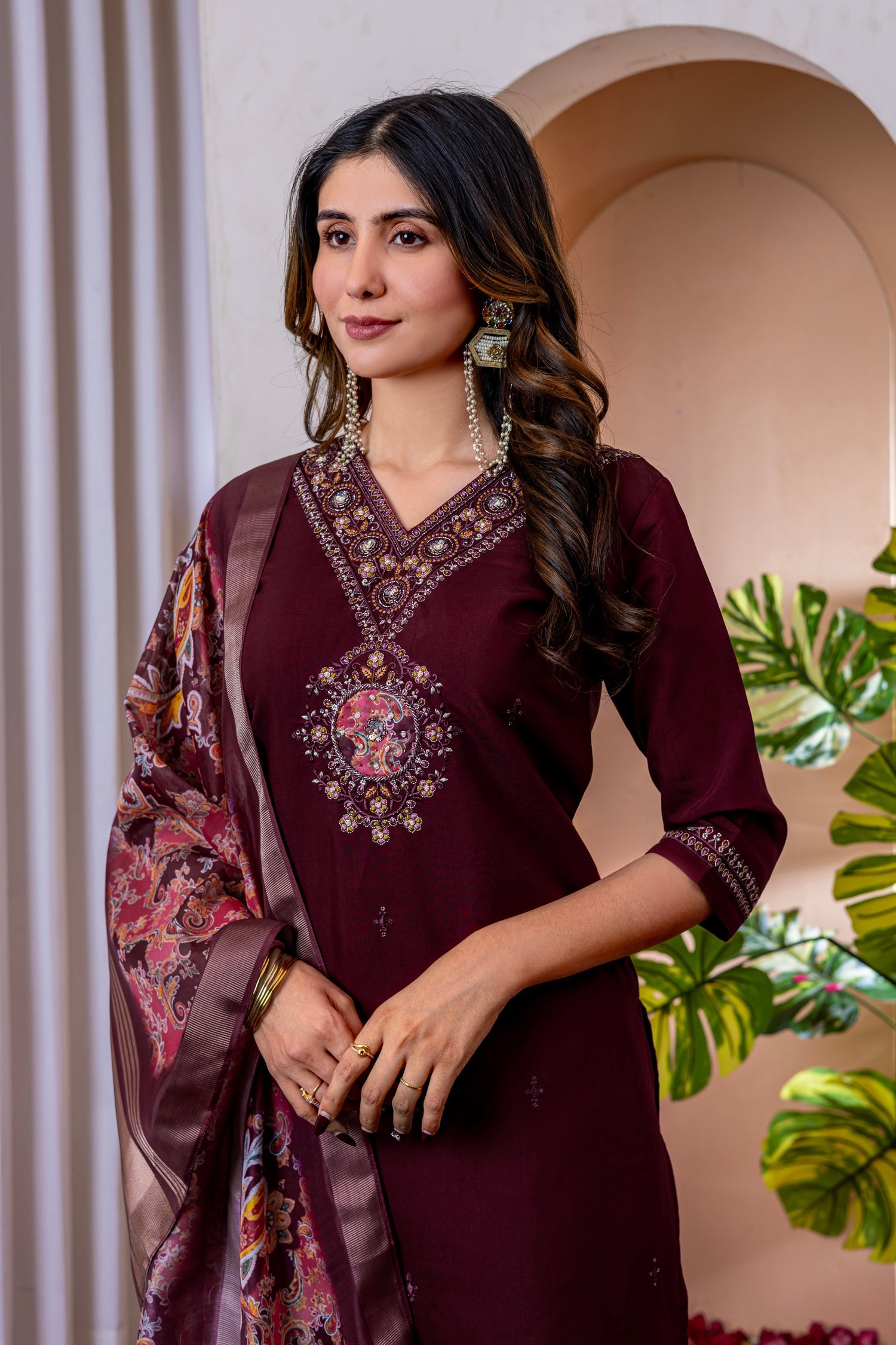 Lorenvalley Fashion Wine Marina Viscose Silk Embroidery Thread With Hand Work Kurta Pant Dupatta 