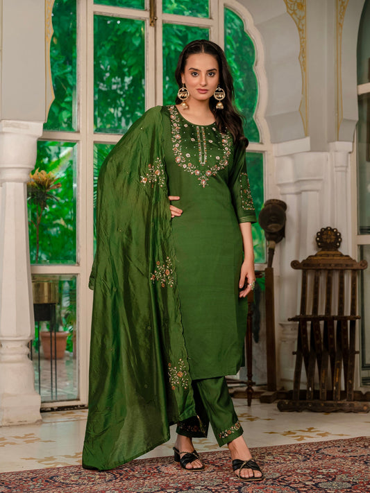 Lorenvalley Fashion Green Marina Silk Multi Embroidery Thread,With Hand Work Kurta Pant Dupatta 