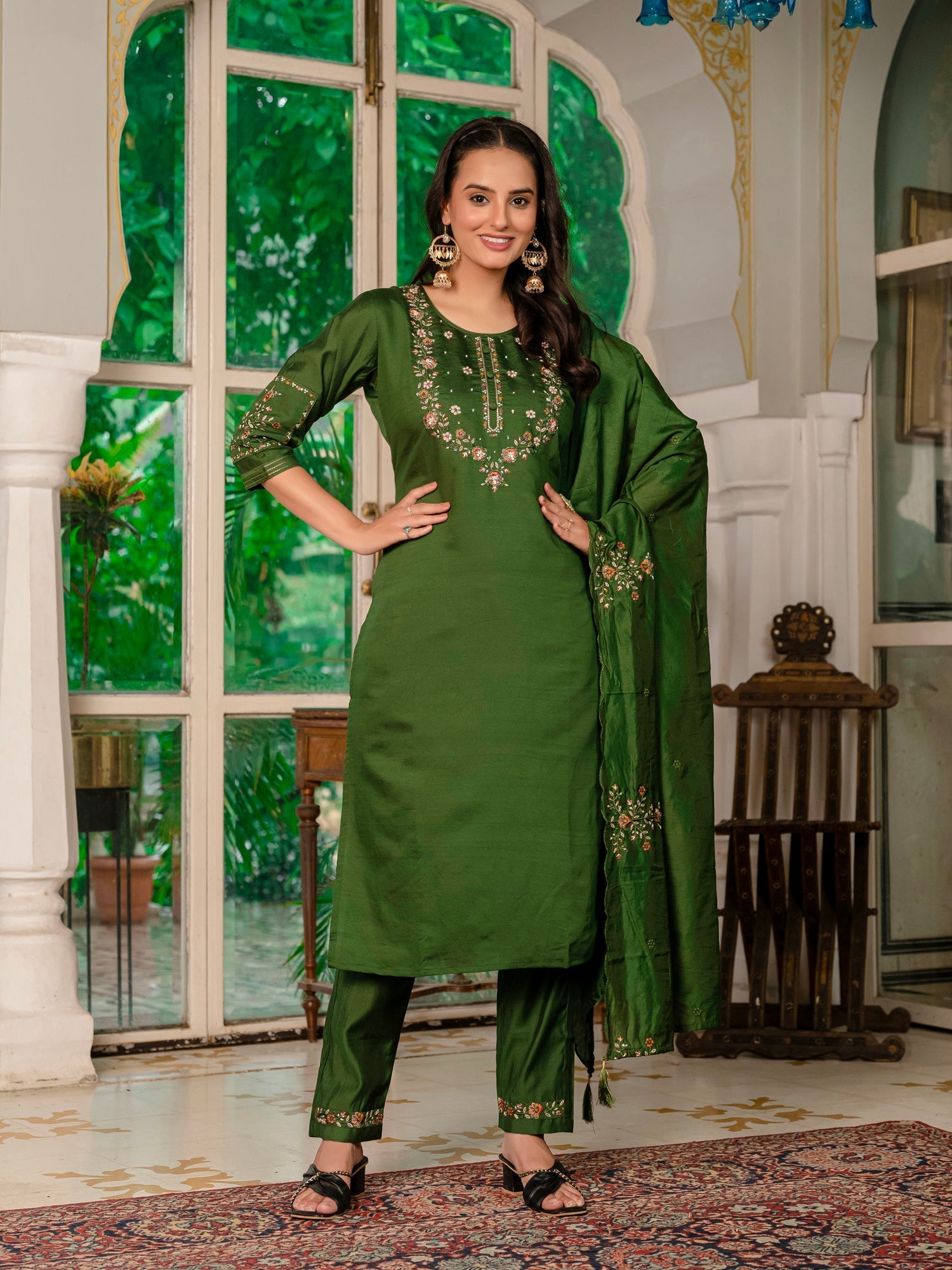 Lorenvalley Fashion Green Marina Silk Multi Embroidery Thread,With Hand Work Kurta Pant Dupatta 