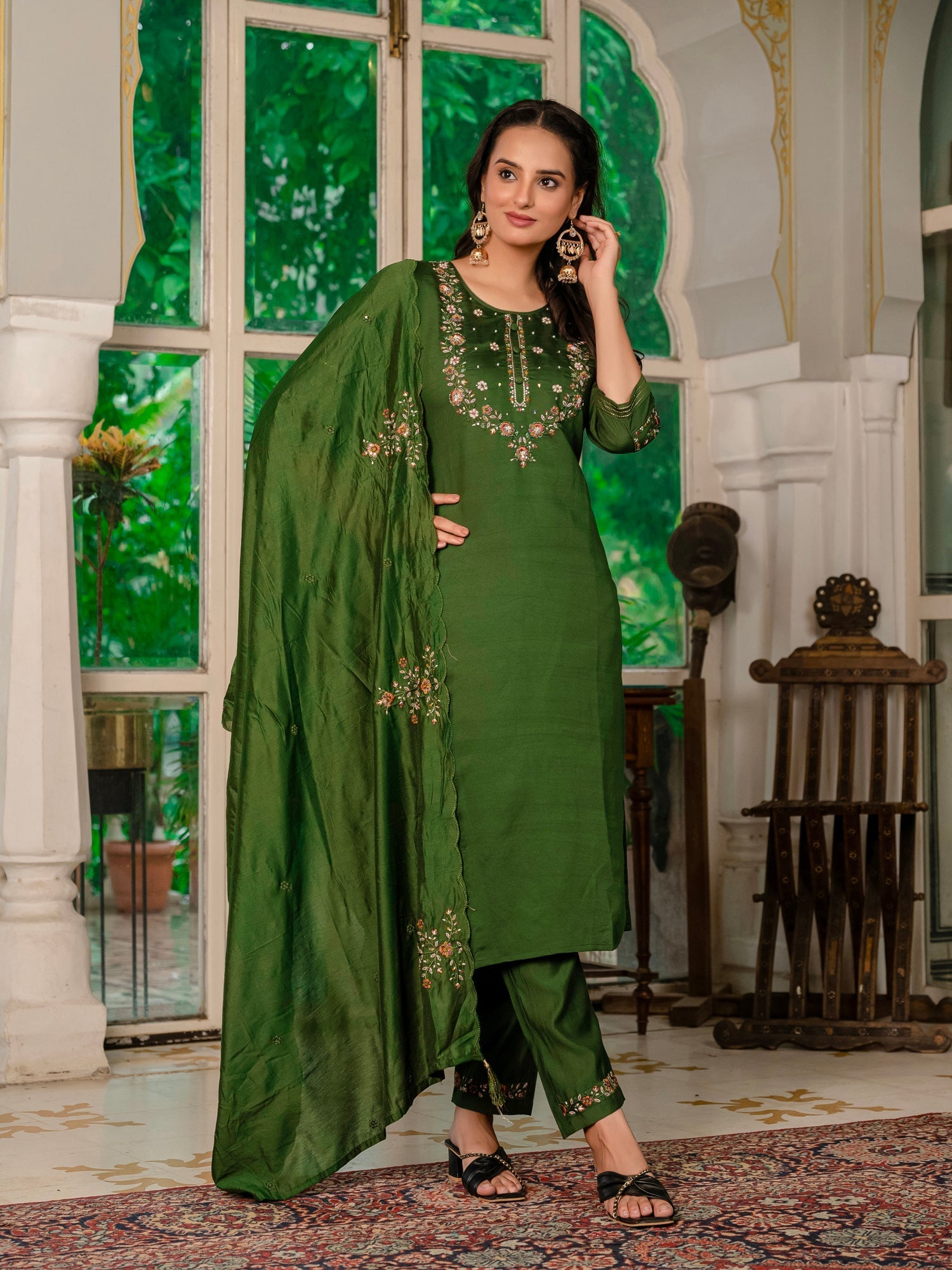 Lorenvalley Fashion Green Marina Silk Multi Embroidery Thread,With Hand Work Kurta Pant Dupatta 