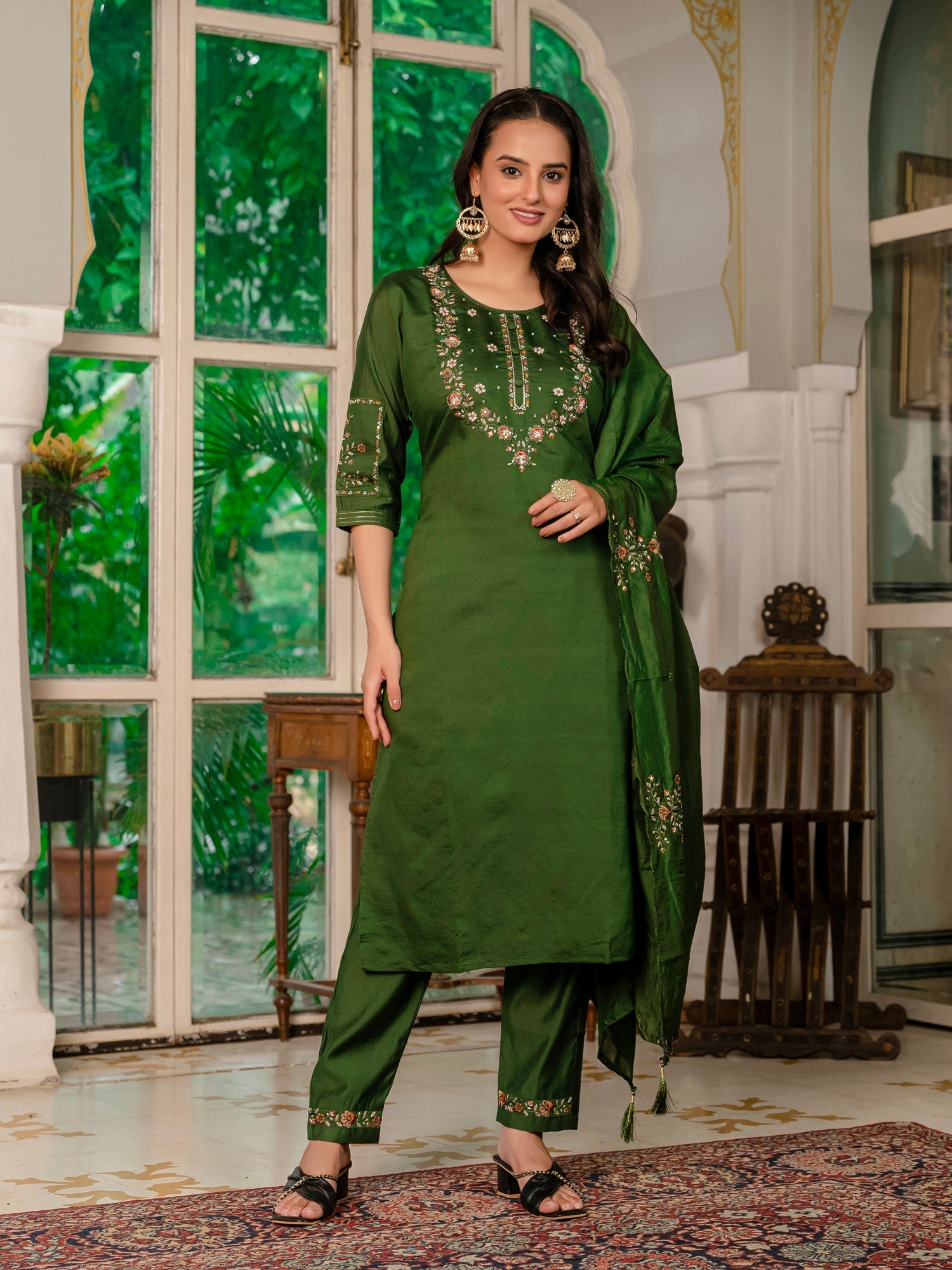 Lorenvalley Fashion Green Marina Silk Multi Embroidery Thread,With Hand Work Kurta Pant Dupatta 