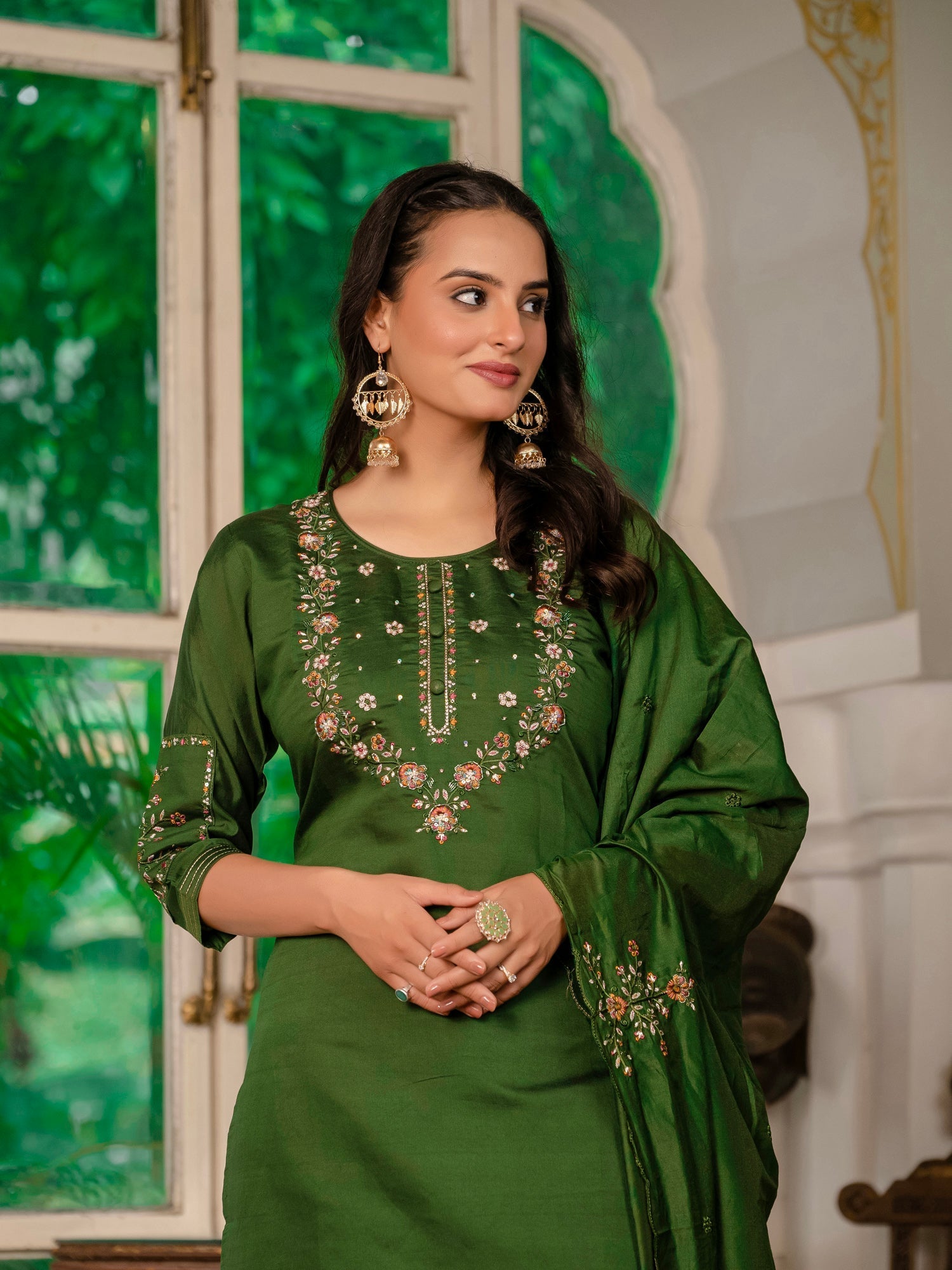 Lorenvalley Fashion Green Marina Silk Multi Embroidery Thread,With Hand Work Kurta Pant Dupatta 