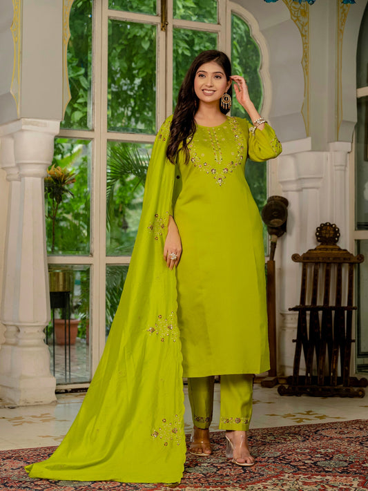 Lorenvalley Fashion Parrotgreen Marina Silk Multi Embroidery Thread,With Hand Work Kurta Pant Dupatta 