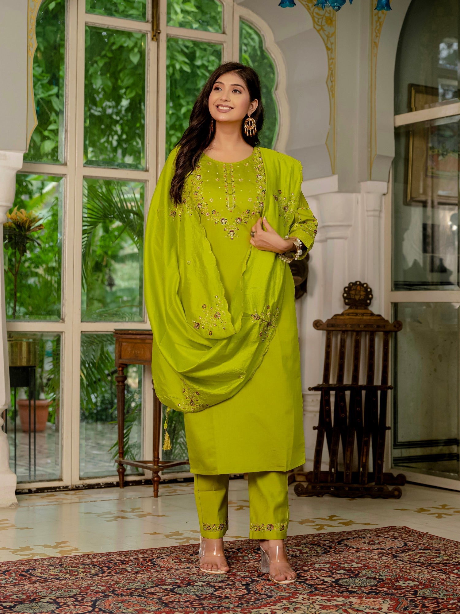 Lorenvalley Fashion Parrotgreen Marina Silk Multi Embroidery Thread,With Hand Work Kurta Pant Dupatta 