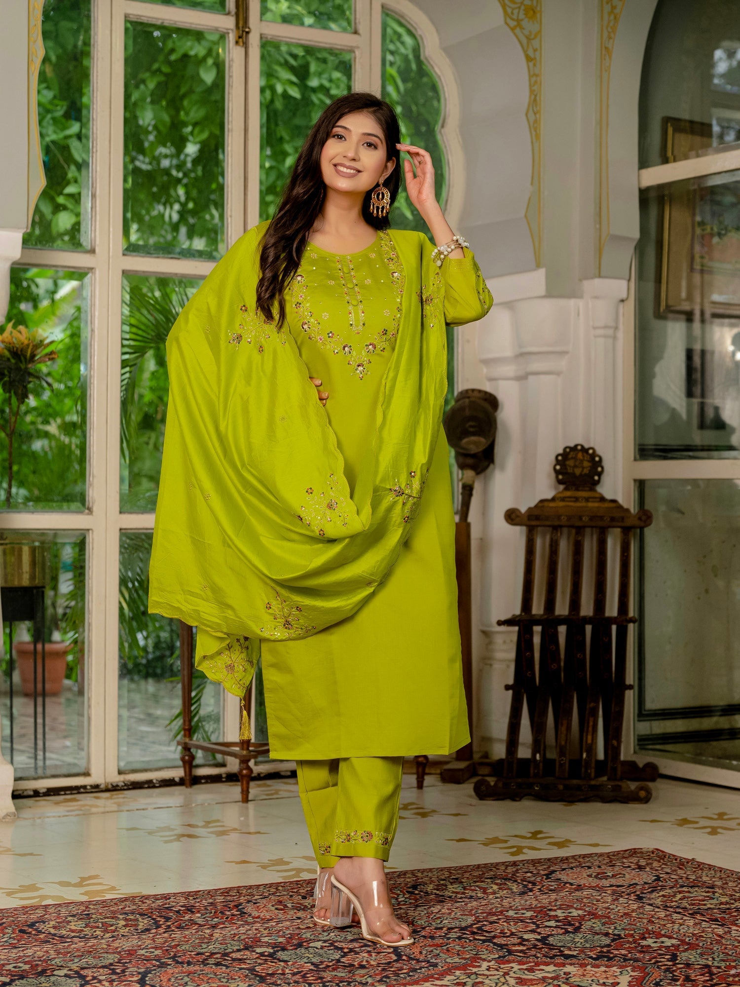 Lorenvalley Fashion Parrotgreen Marina Silk Multi Embroidery Thread,With Hand Work Kurta Pant Dupatta 